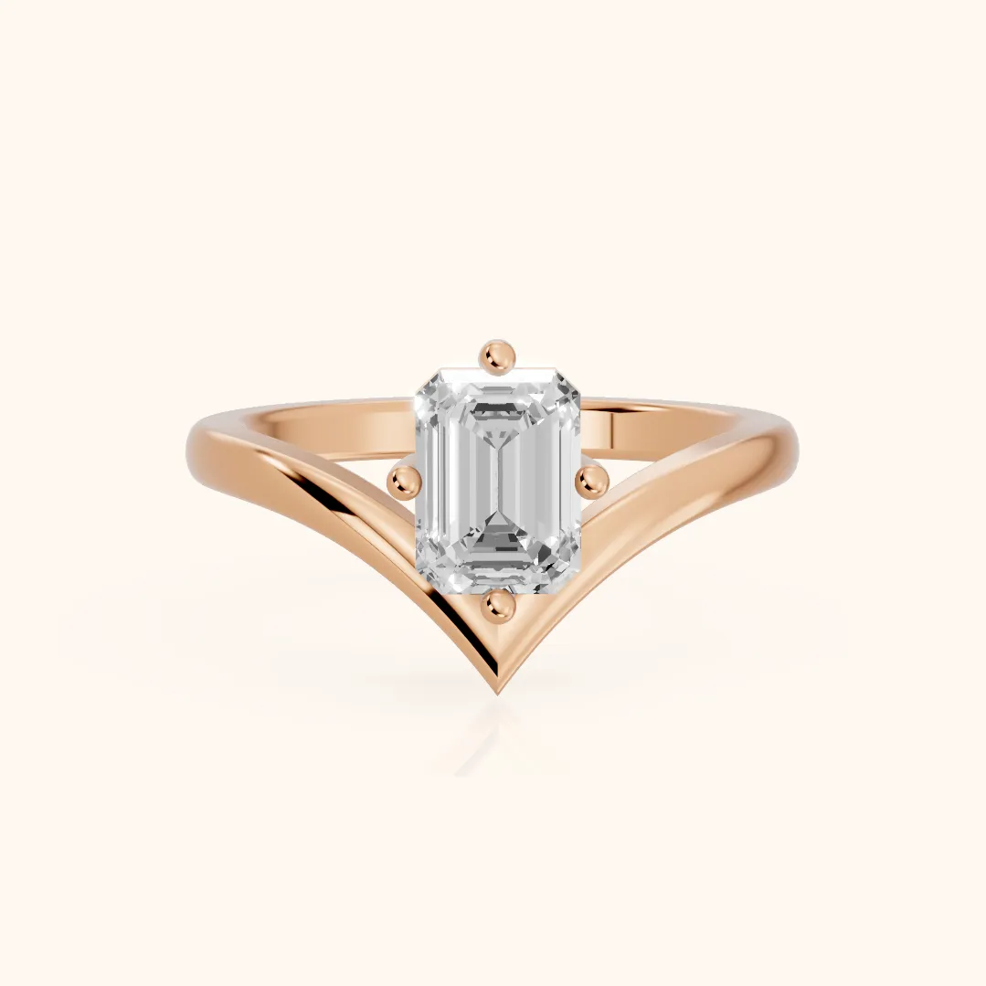 Bague de fiançailles Evelyn Chevron Solitaire avec diamants et émeraude en or rose