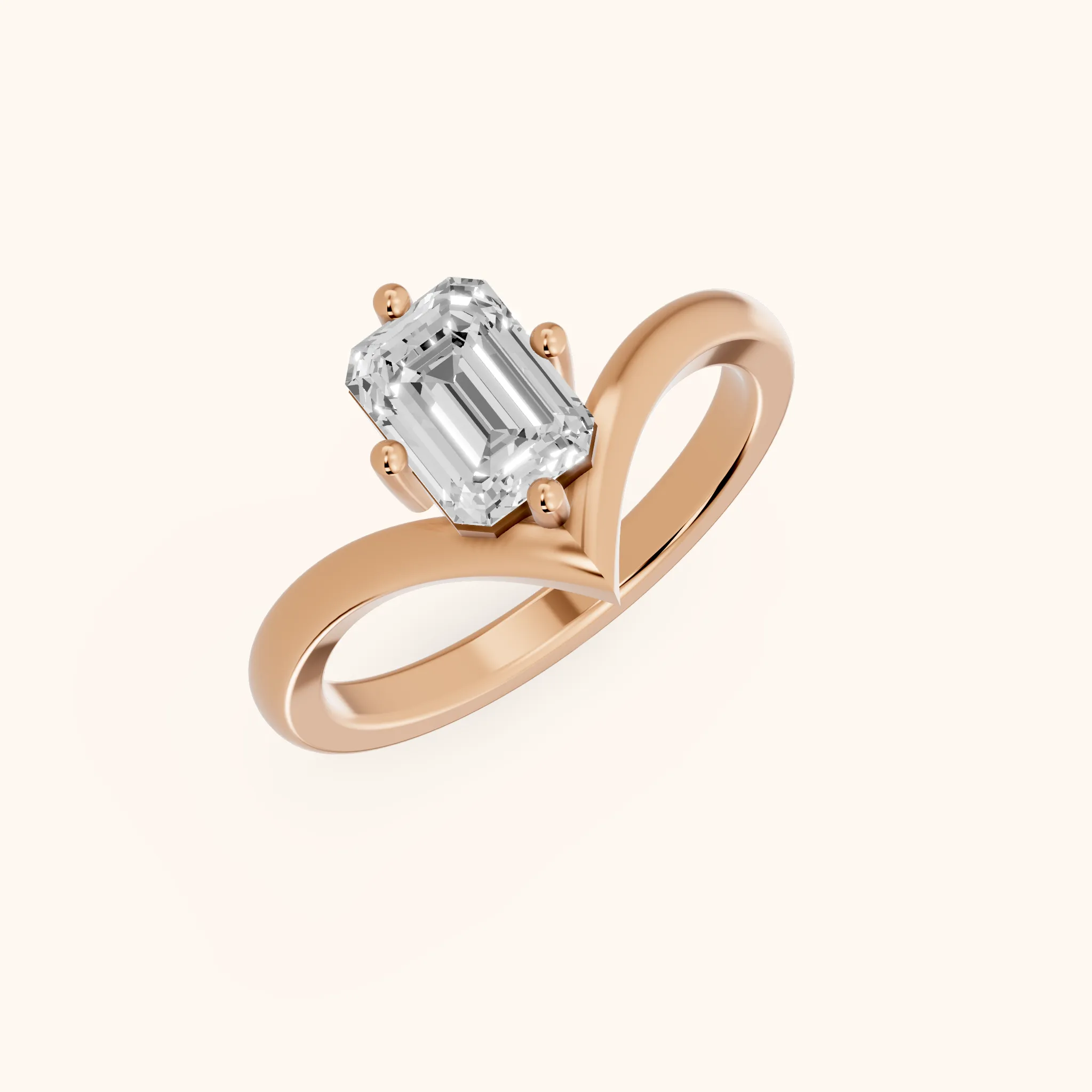 Bague de fiançailles Evelyn Chevron Solitaire avec diamants et émeraude en or rose