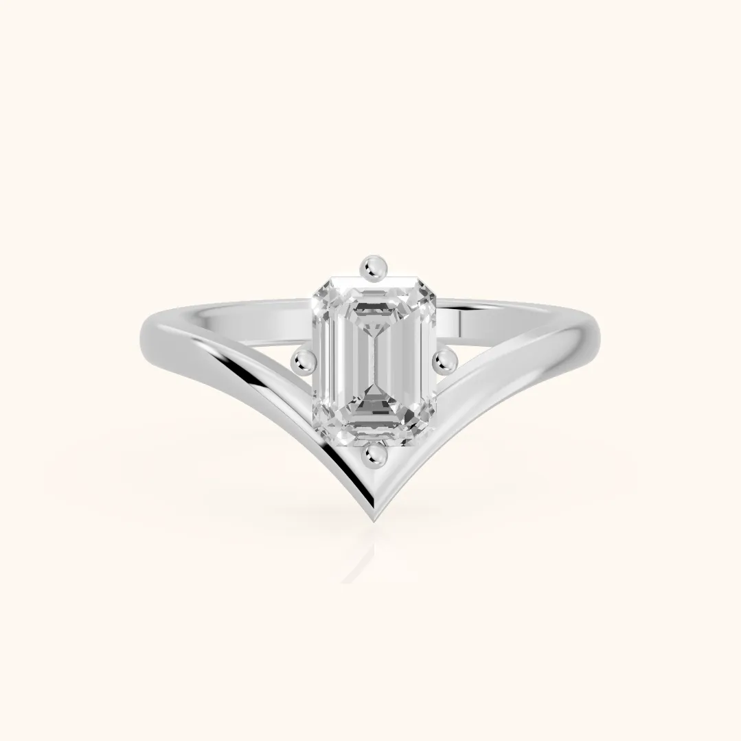 Evelyn Chevron Solitaire Emerald Diamond Engagement Ring in White Gold