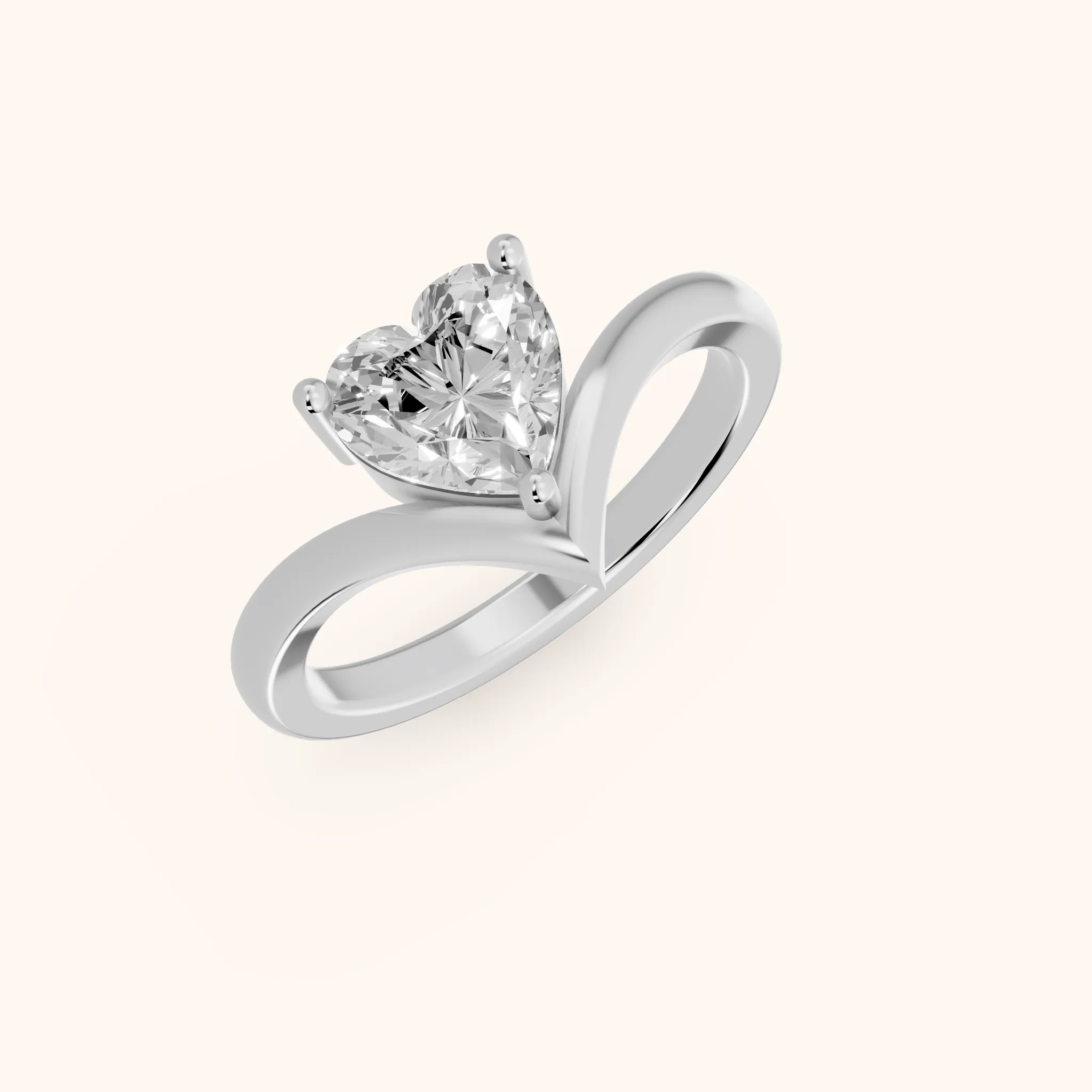 Evelyn Chevron Solitaire Heart Diamond Engagement Ring in White Gold