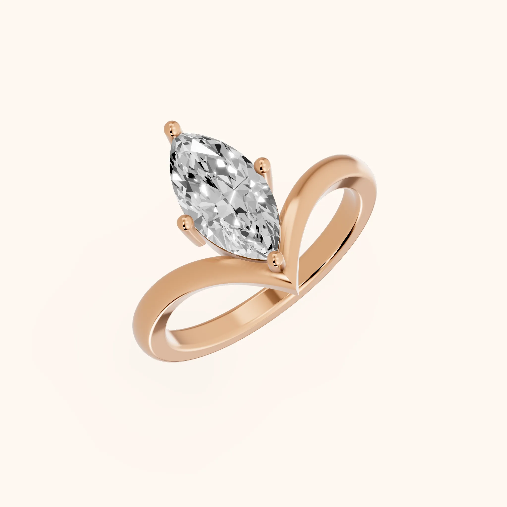 Bague de fiançailles Evelyn Chevron Solitaire en or rose et diamant taille marquise