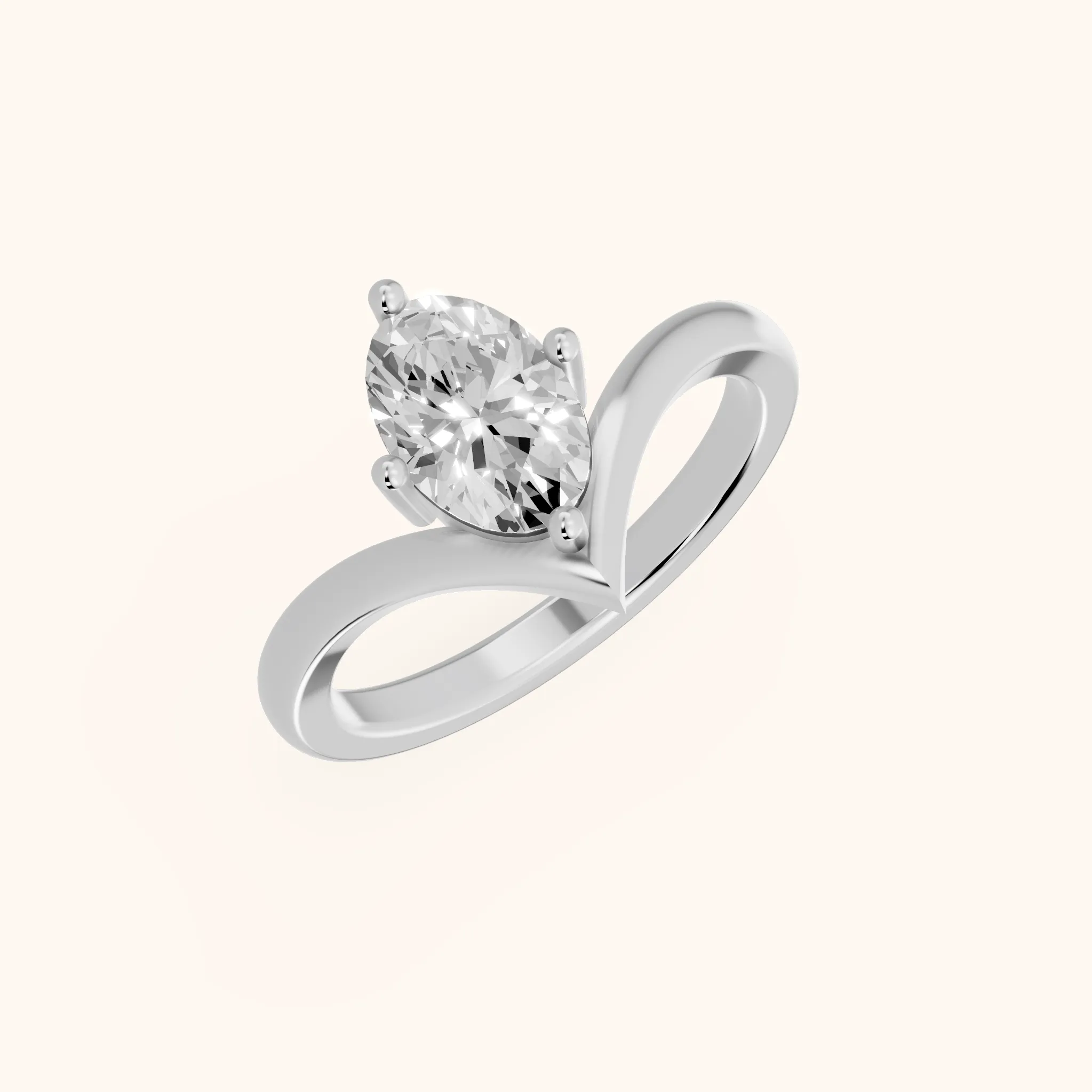 Evelyn Chevron Solitaire Oval Diamond Engagement Ring in White Gold