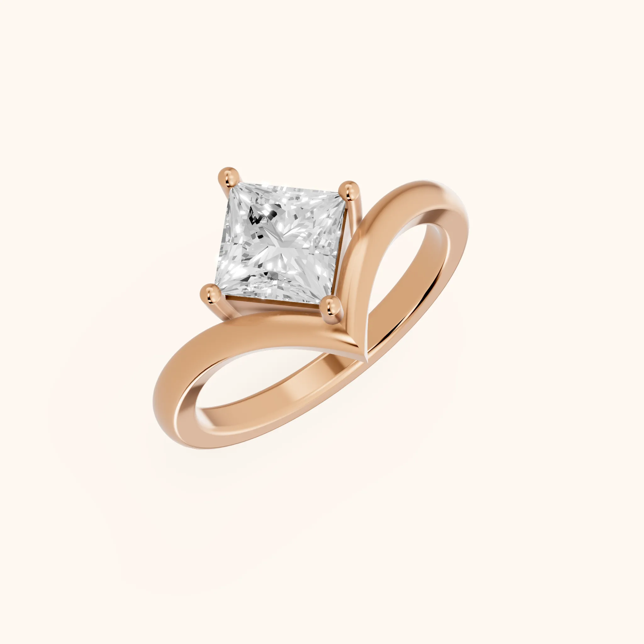 Bague de fiançailles Evelyn Chevron Solitaire sertie d'un diamant princesse en or rose