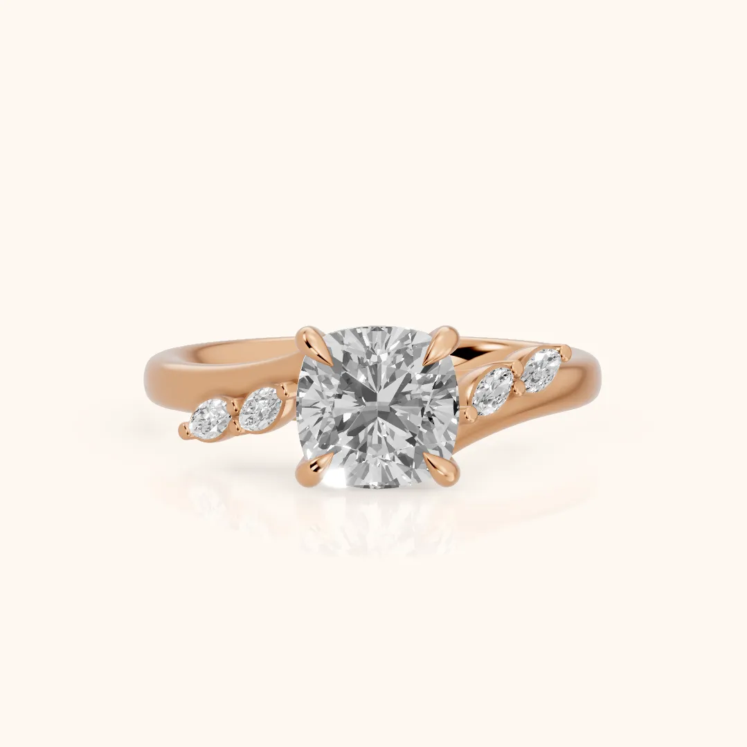 Flora Twist Side Stone Cushion Diamond Engagement Ring in Rose Gold