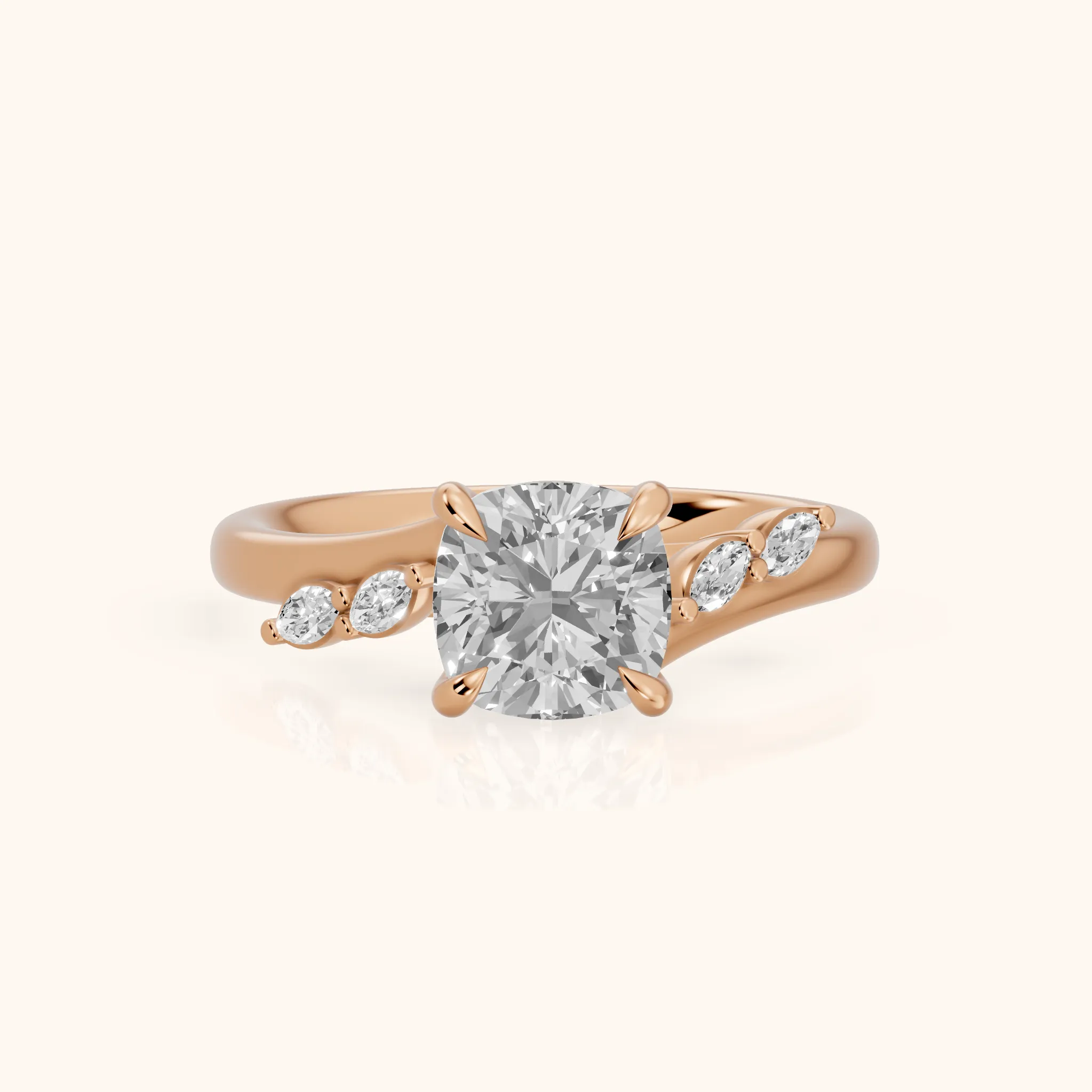 Flora Twist Side Stone Cushion Diamond Engagement Ring in Rose Gold — view 1