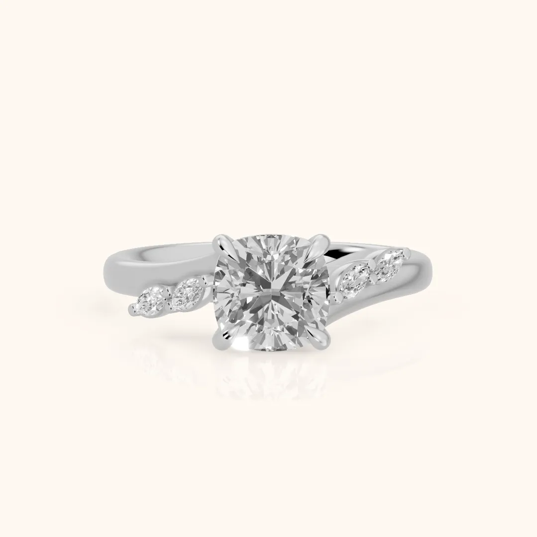 Flora Twist Side Stone Cushion Diamond Engagement Ring in Silver