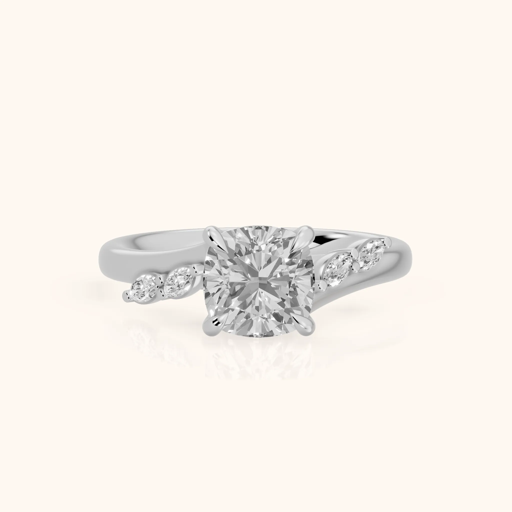 Flora Twist Side Stone Cushion Diamond Engagement Ring in Platinum — view 1