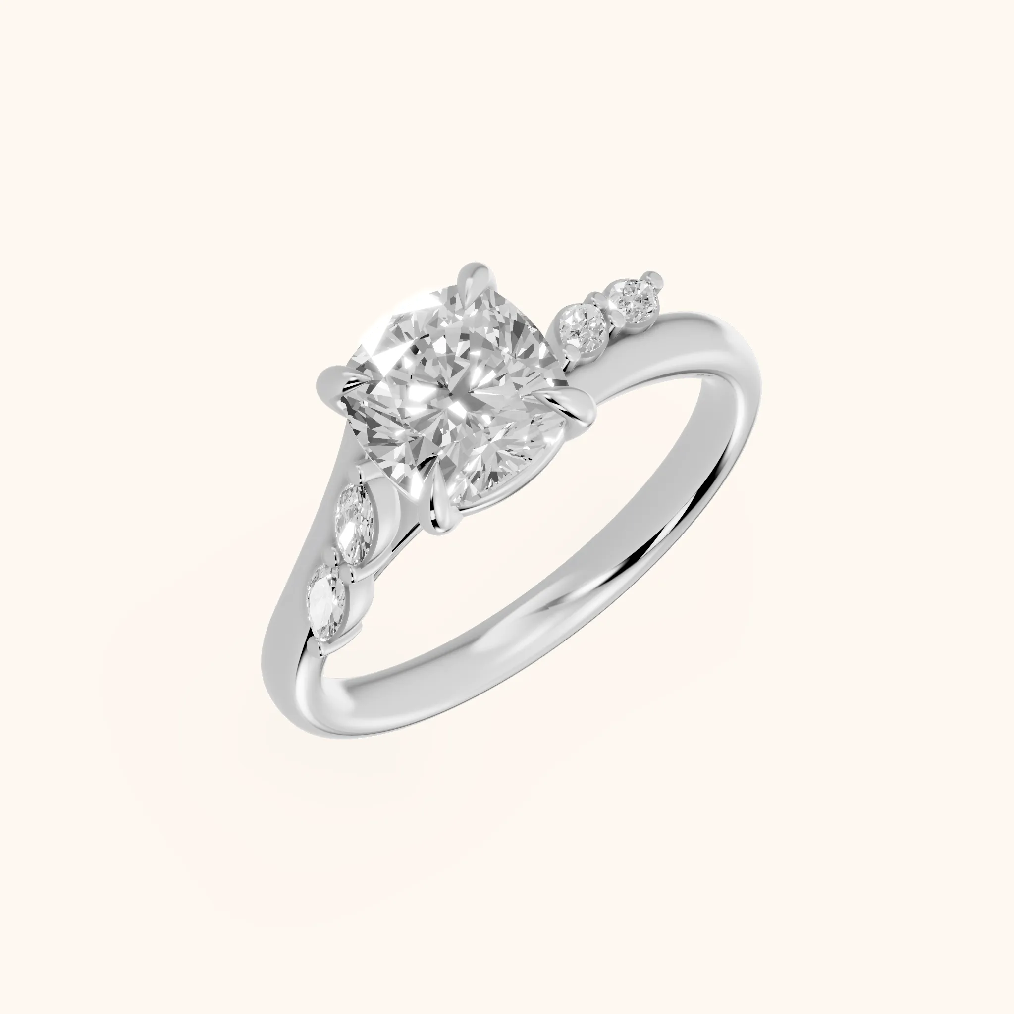 Flora Twist Side Stone Cushion Diamond Engagement Ring in Silver
