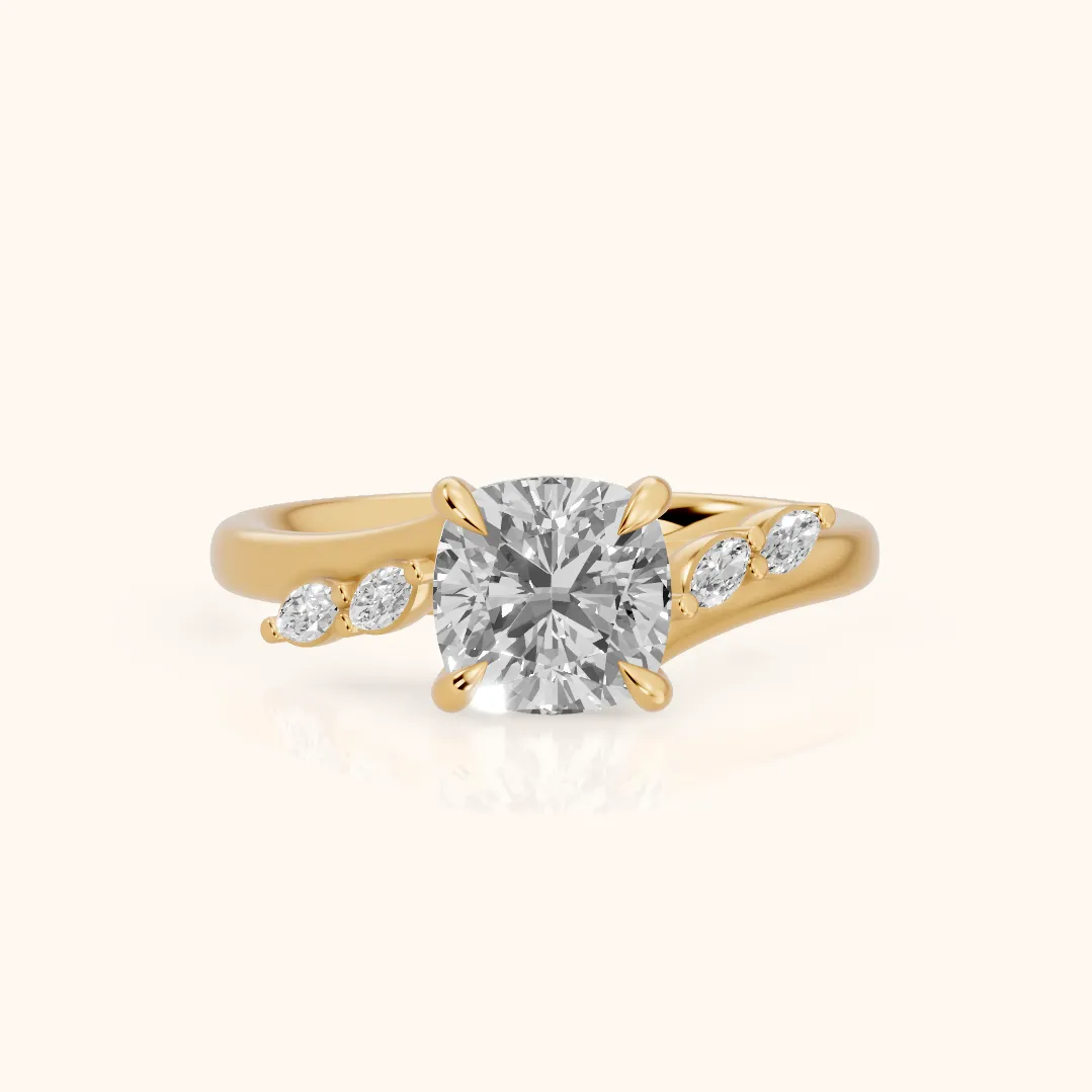 Flora Twist Side Stone Cushion Diamond Engagement Ring in Yellow Gold