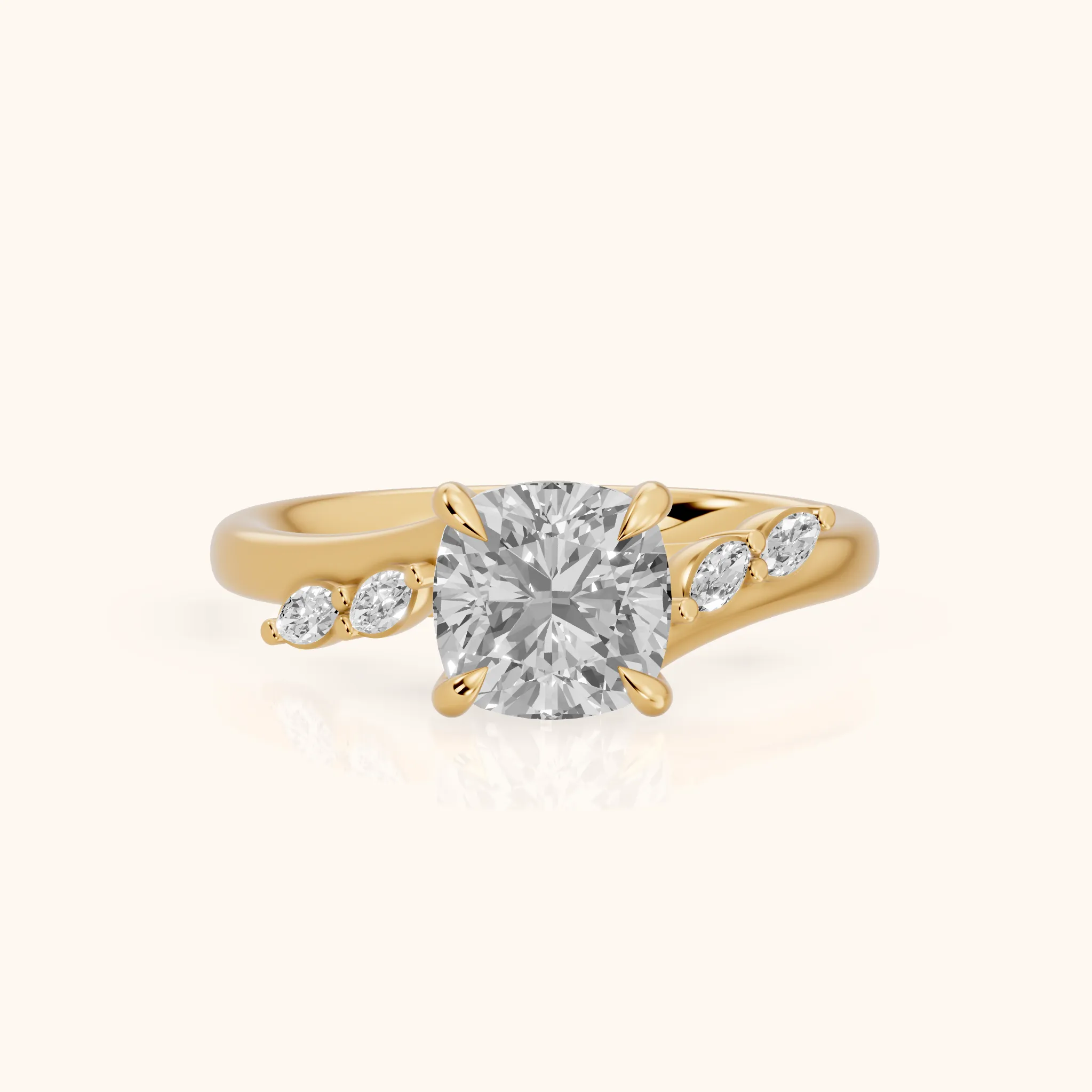 Flora Twist Side Stone Cushion Diamond Engagement Ring in Yellow Gold — view 1