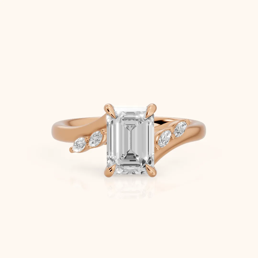 Flora Twist Side Stone Emerald Diamond Engagement Ring in Rose Gold