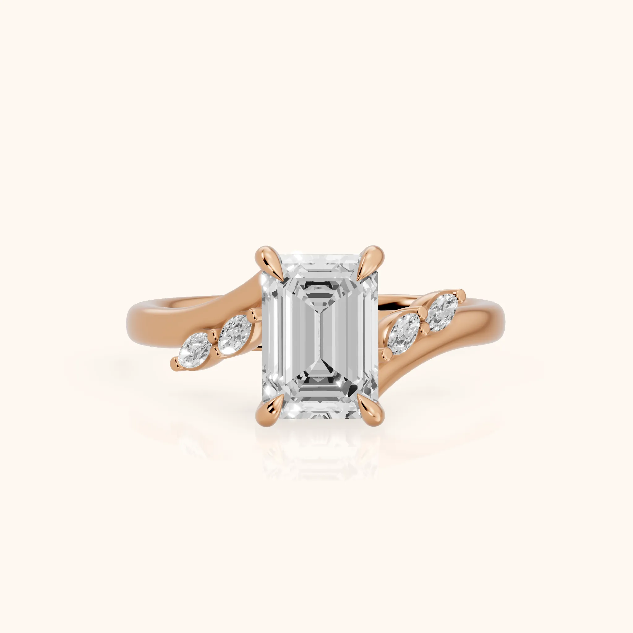 Flora Twist Side Stone Emerald Diamond Engagement Ring in Rose Gold — view 1