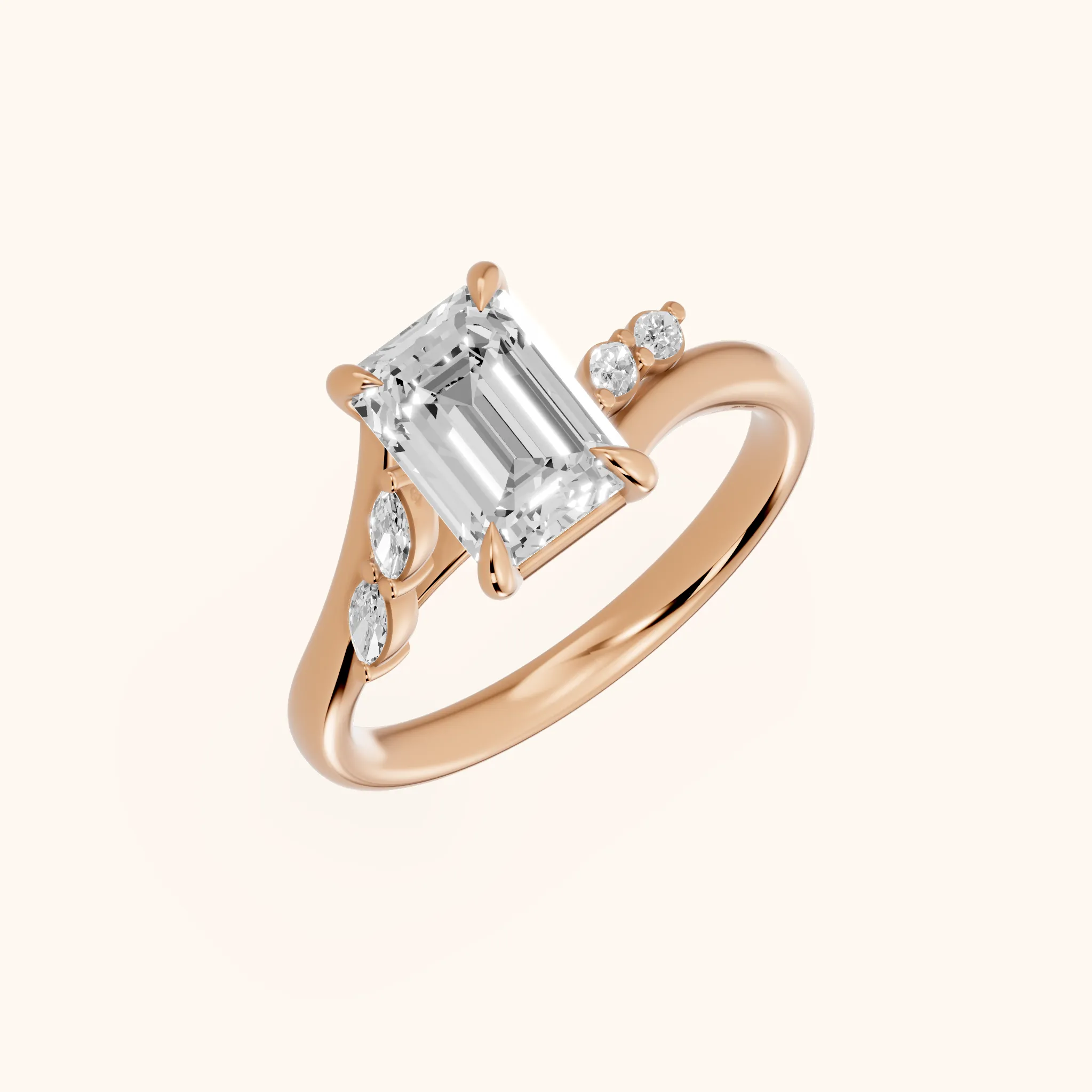 Flora Twist Side Stone Emerald Diamond Engagement Ring in Rose Gold