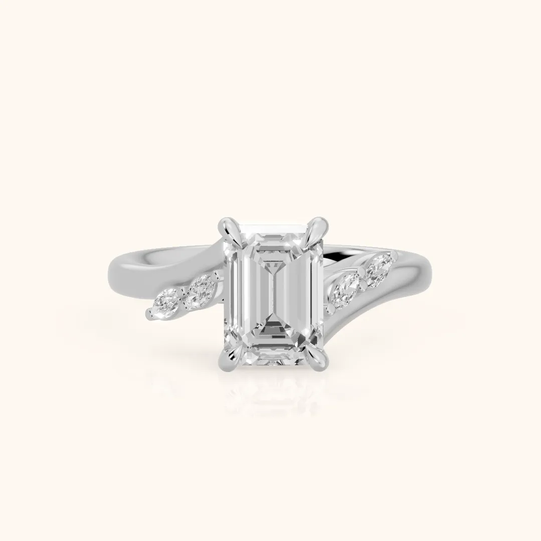 Flora Twist Side Stone Emerald Diamond Engagement Ring in Silver