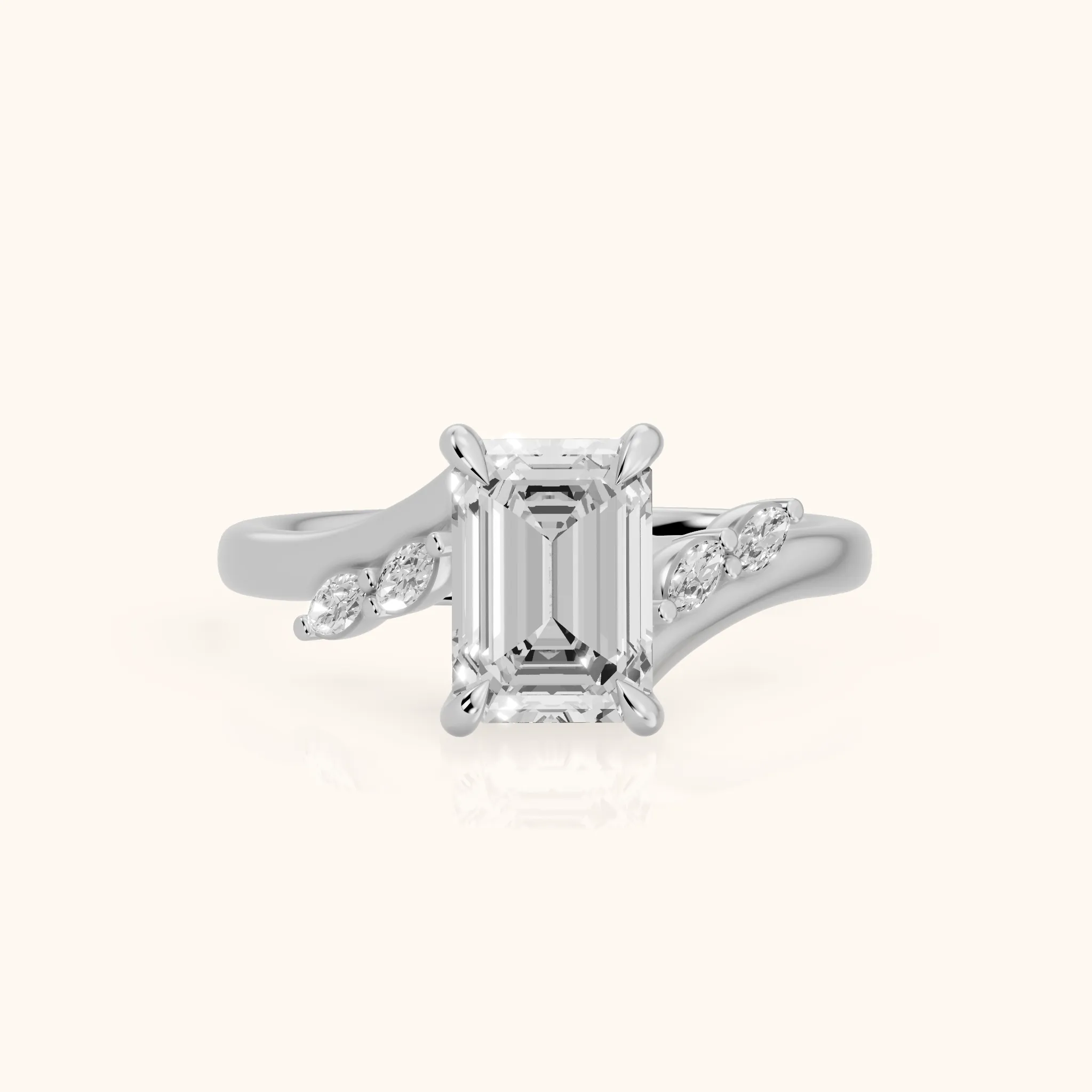 Flora Twist Side Stone Emerald Diamond Engagement Ring in Platinum — view 1
