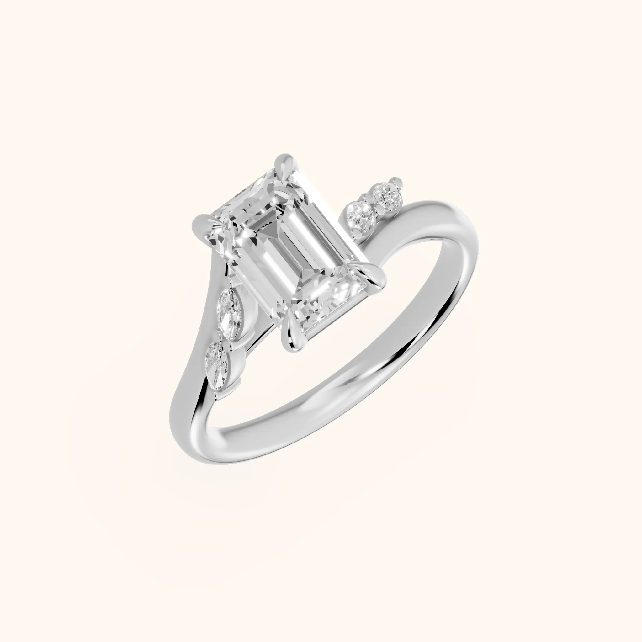 Flora Twist Side Stone Emerald Diamond Engagement Ring in Silver