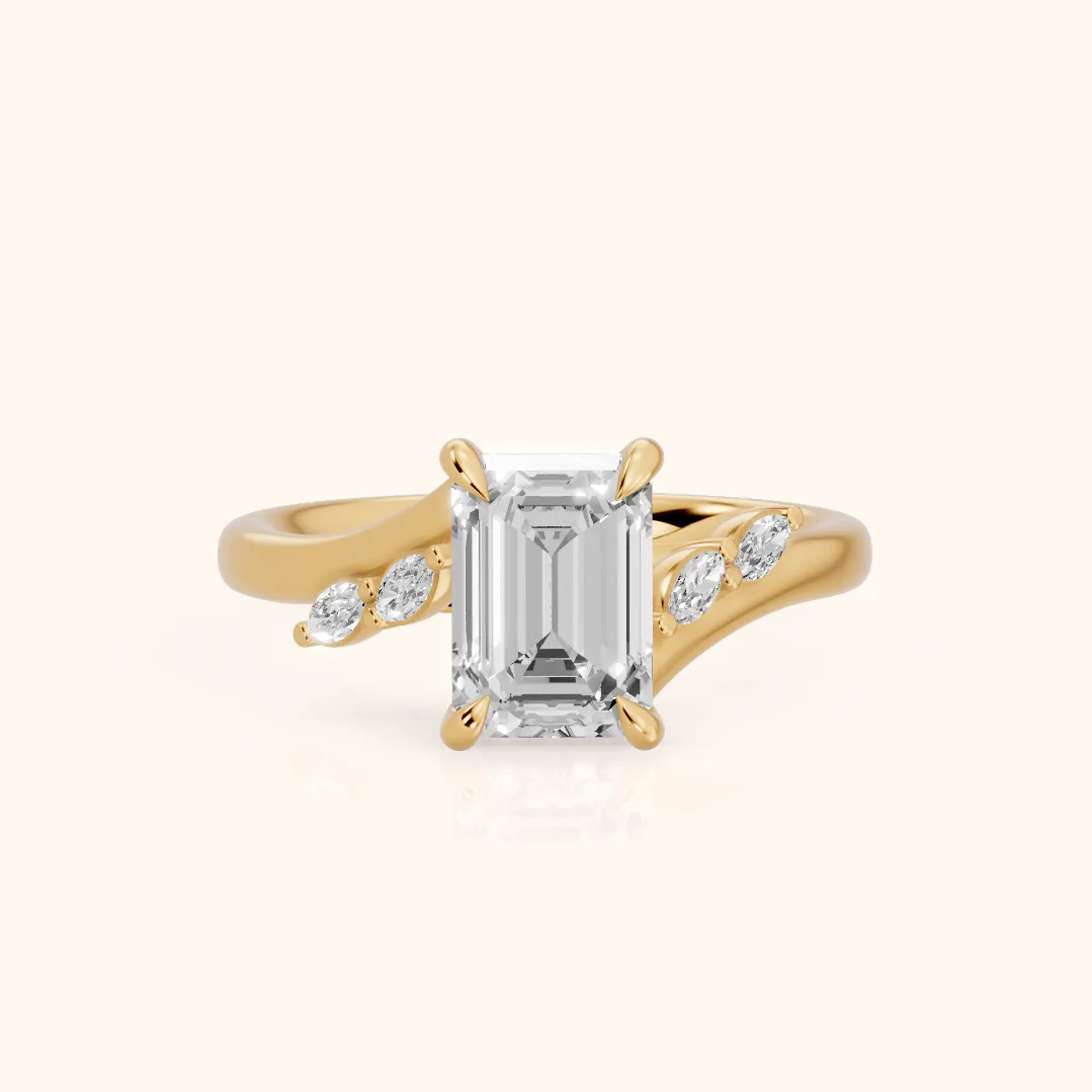 Flora Twist Side Stone Emerald Diamond Engagement Ring in Yellow Gold