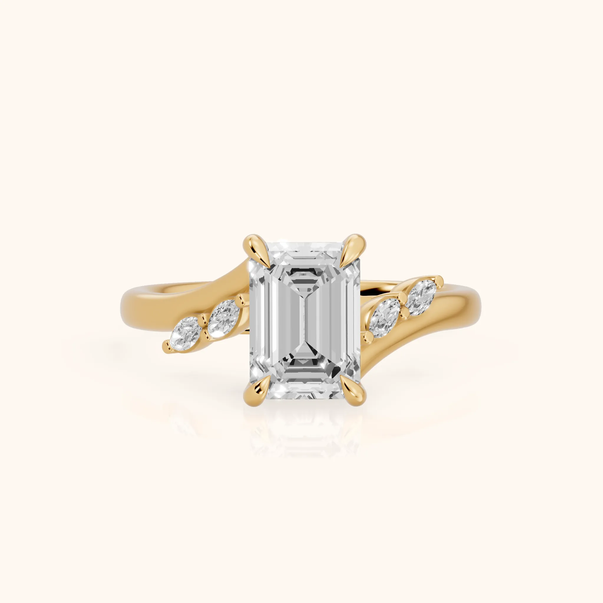 Flora Twist Side Stone Emerald Diamond Engagement Ring in Yellow Gold — view 1