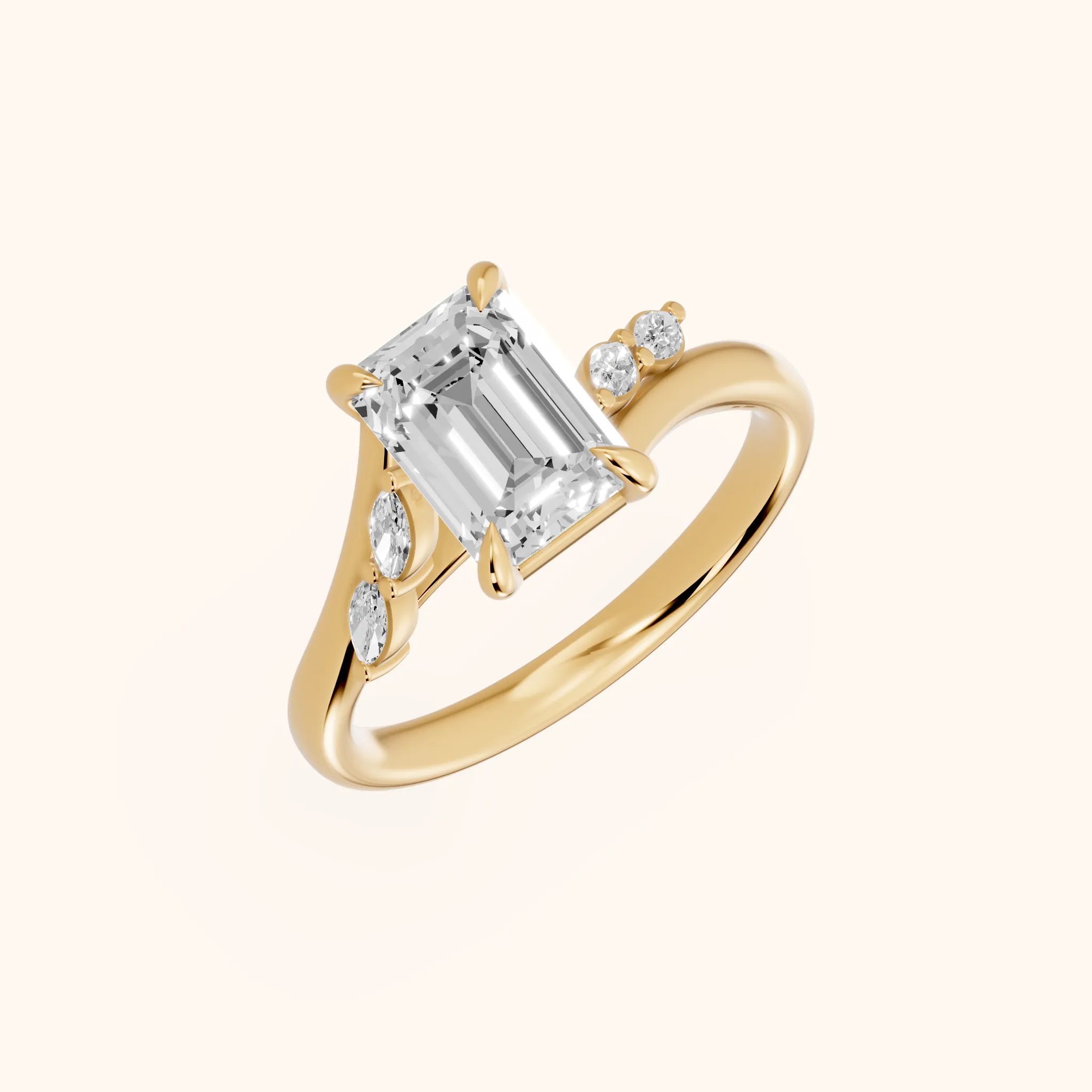 Flora Twist Side Stone Emerald Diamond Engagement Ring in Yellow Gold