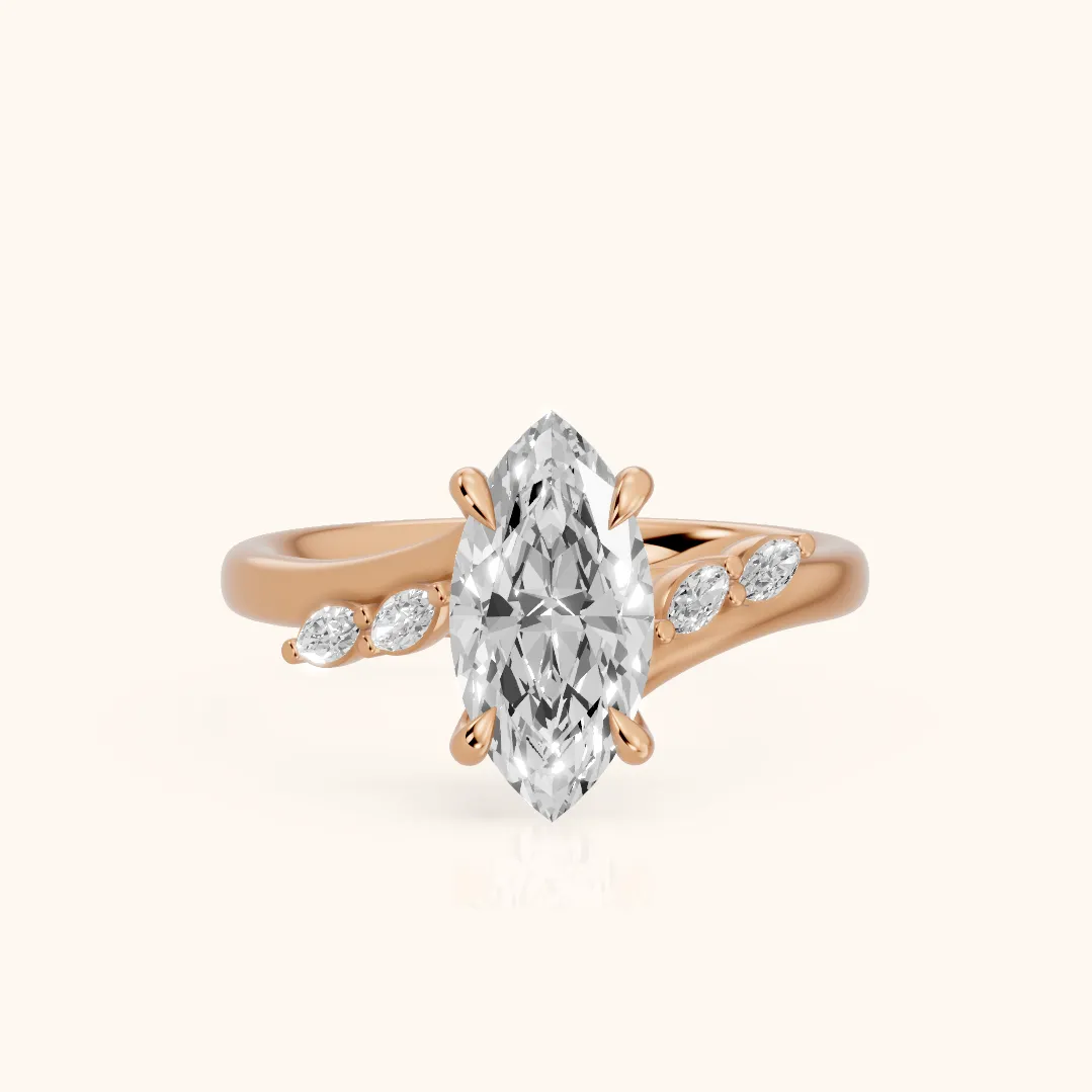 Flora Twist Side Stone Marquise Diamond Engagement Ring in Rose Gold