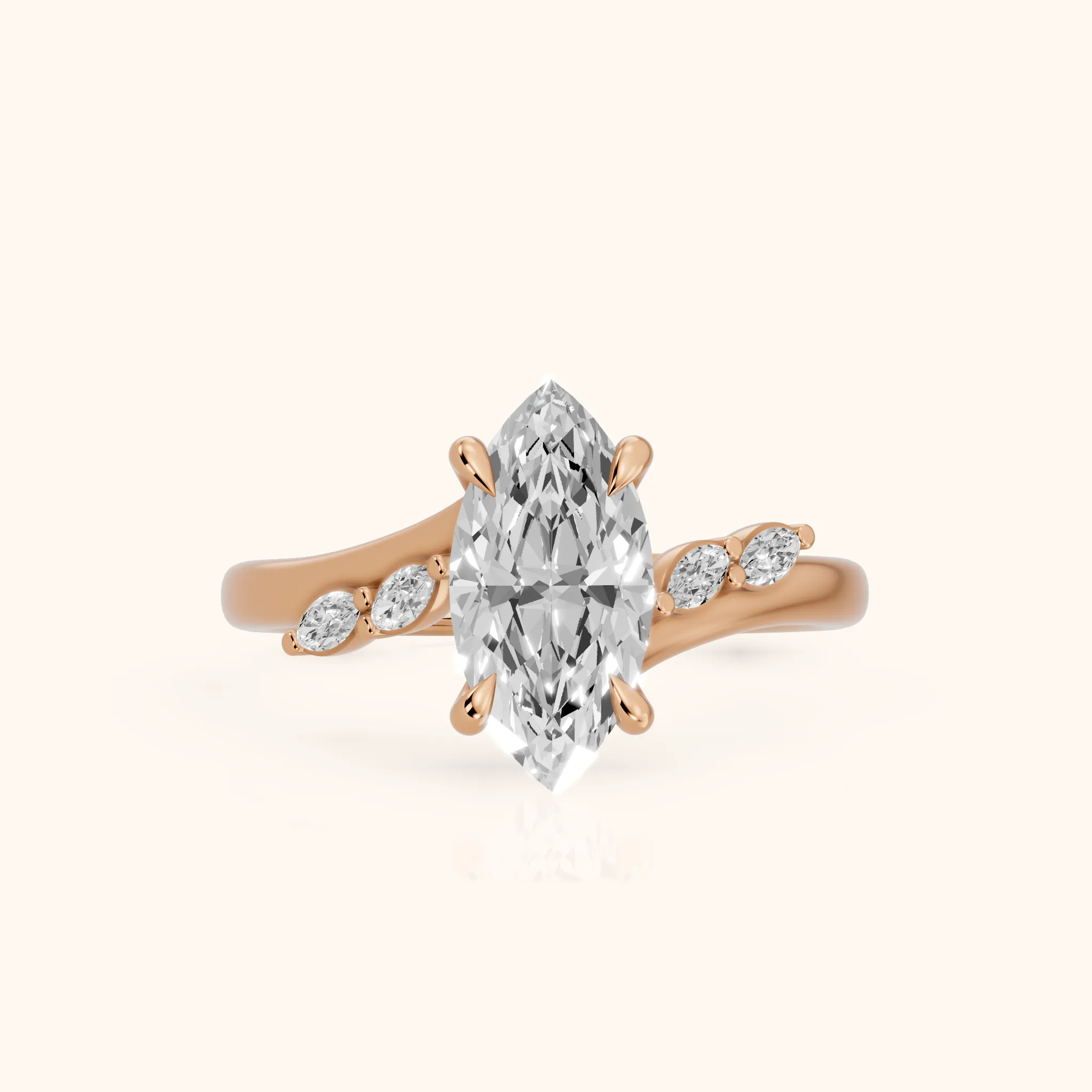 Flora Twist Side Stone Marquise Diamond Engagement Ring in Rose Gold — view 1
