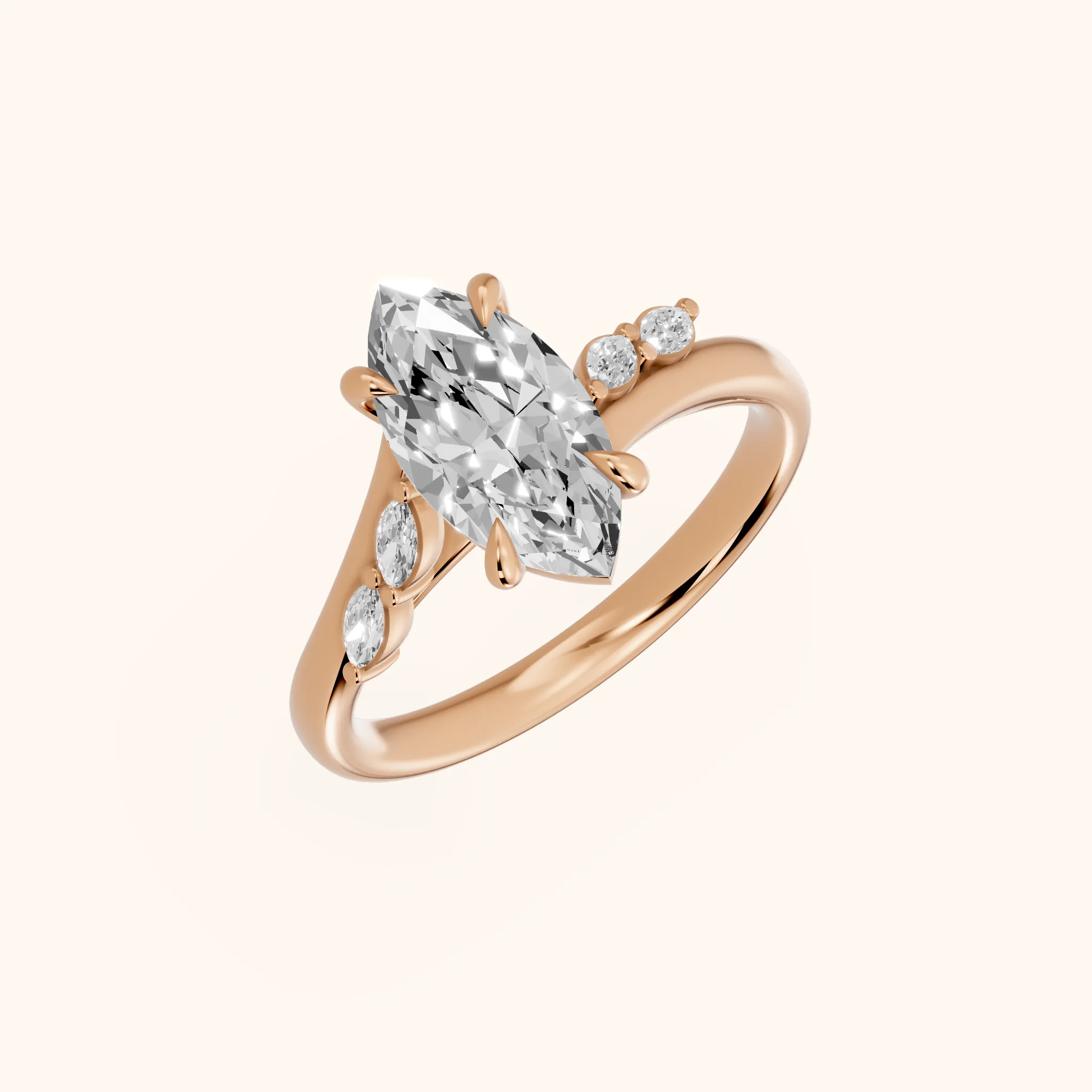 Flora Twist Side Stone Marquise Diamond Engagement Ring in Rose Gold