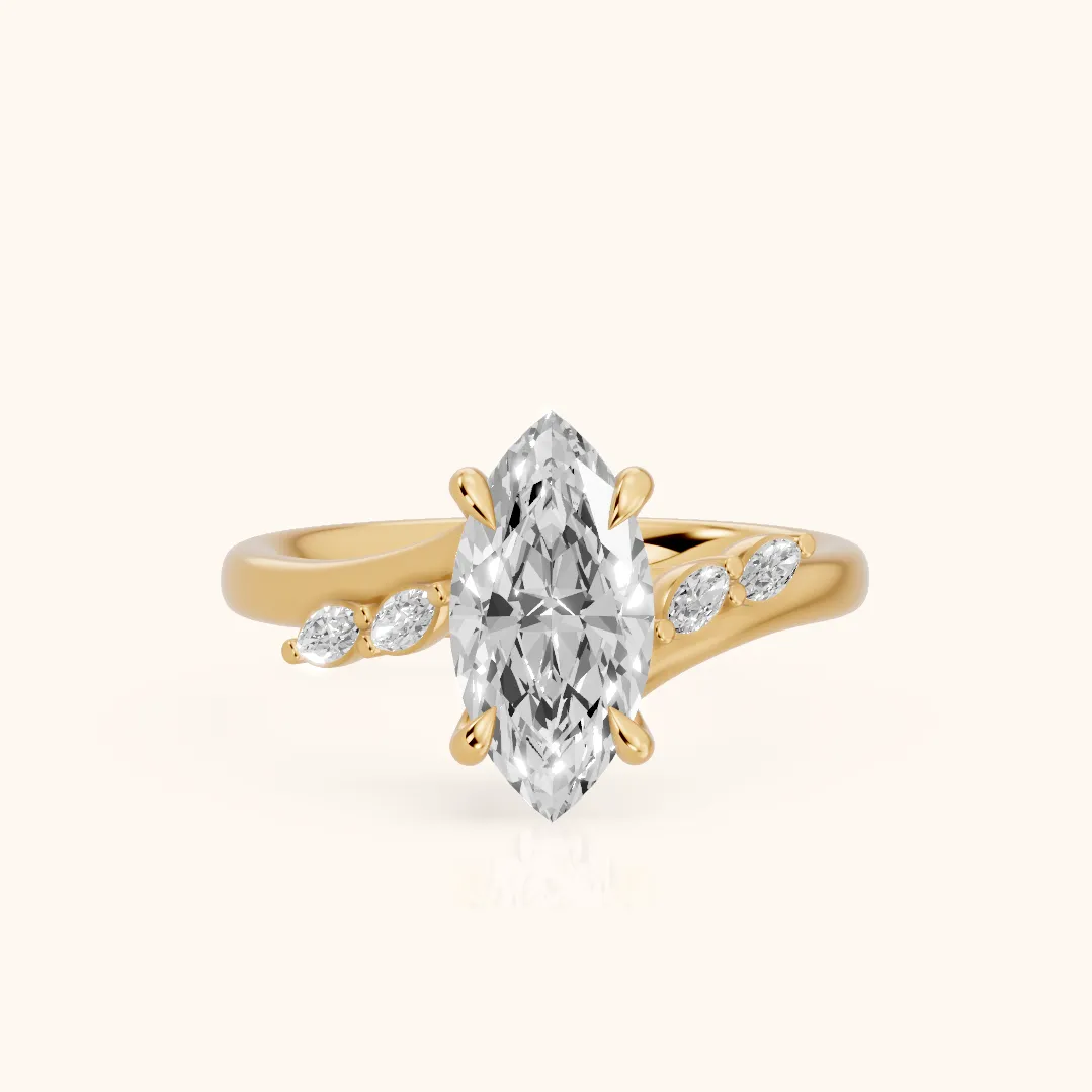 Flora Twist Side Stone Marquise Diamond Engagement Ring in Yellow Gold