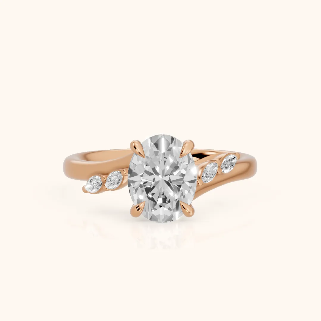 Flora Twist Side Stone Oval Diamond Engagement Ring in Rose Gold
