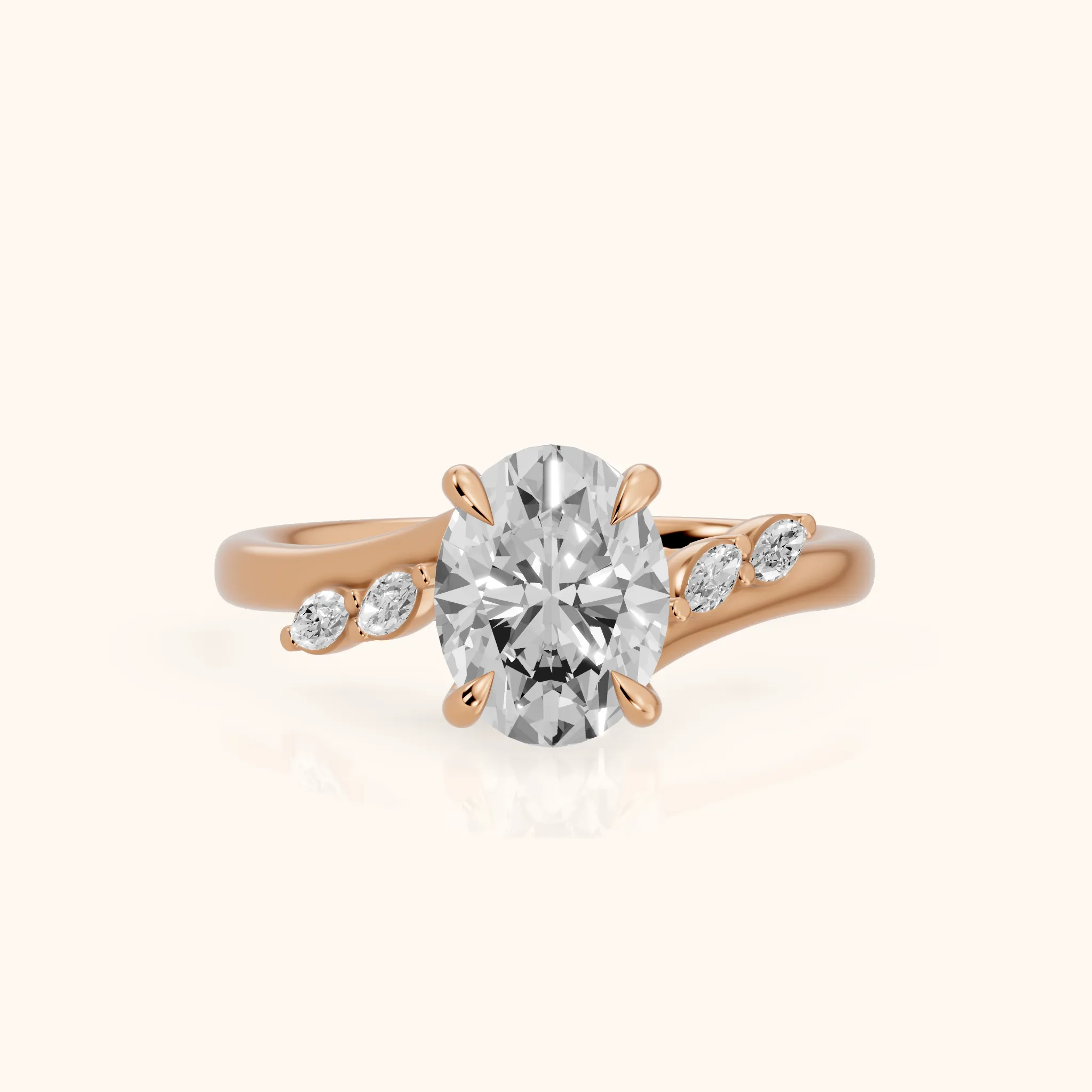 Flora Twist Side Stone Oval Diamond Engagement Ring in Rose Gold — view 1