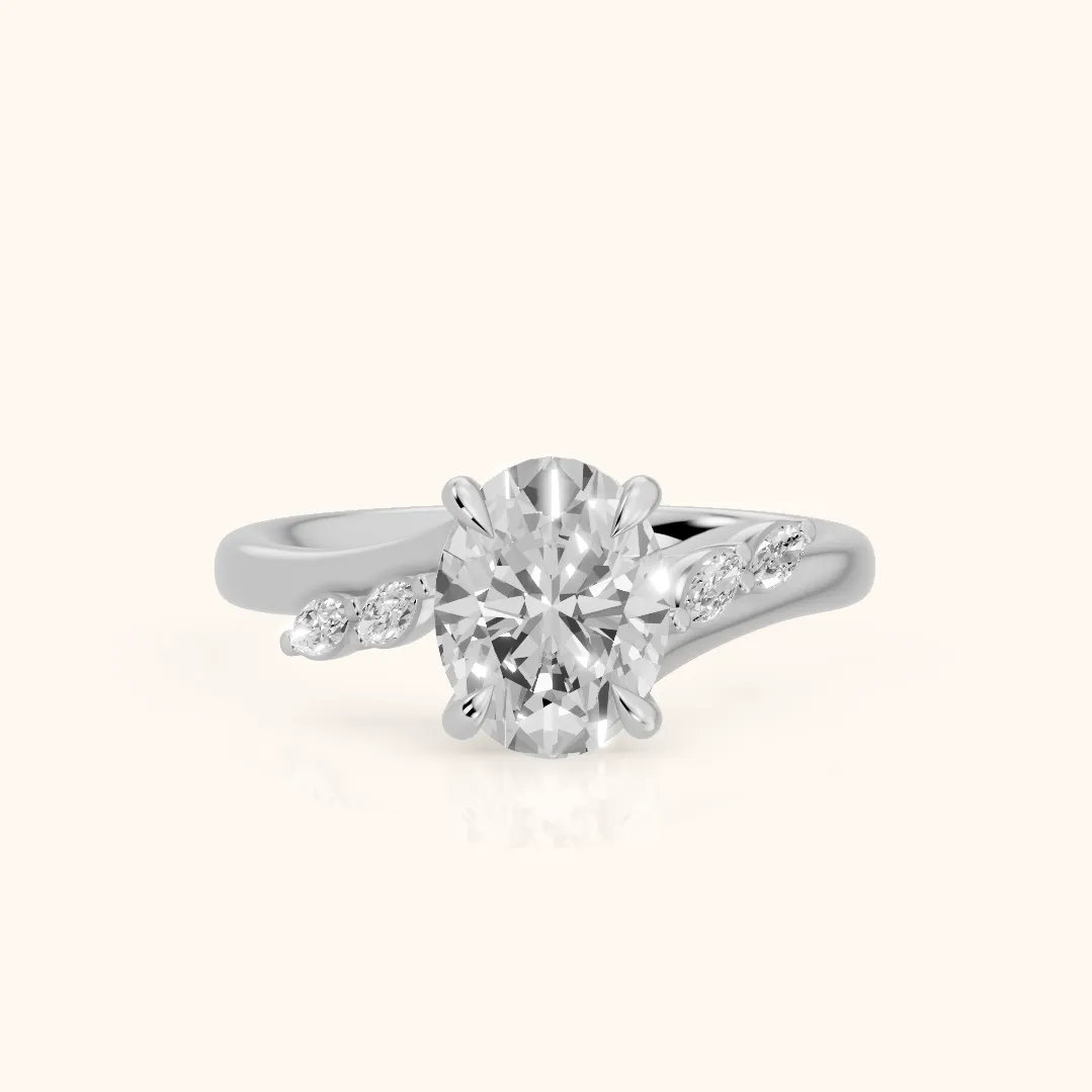 Flora Twist Side Stone Oval Diamond Engagement Ring in Silver
