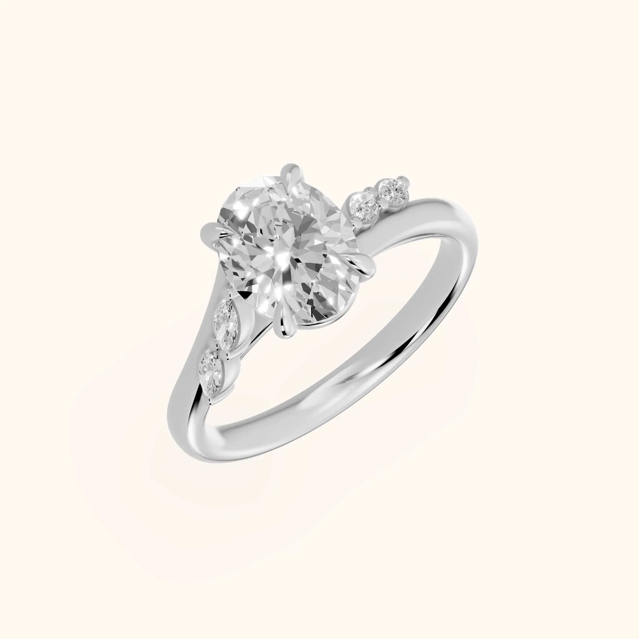 Flora Twist Side Stone Oval Diamond Engagement Ring in Silver