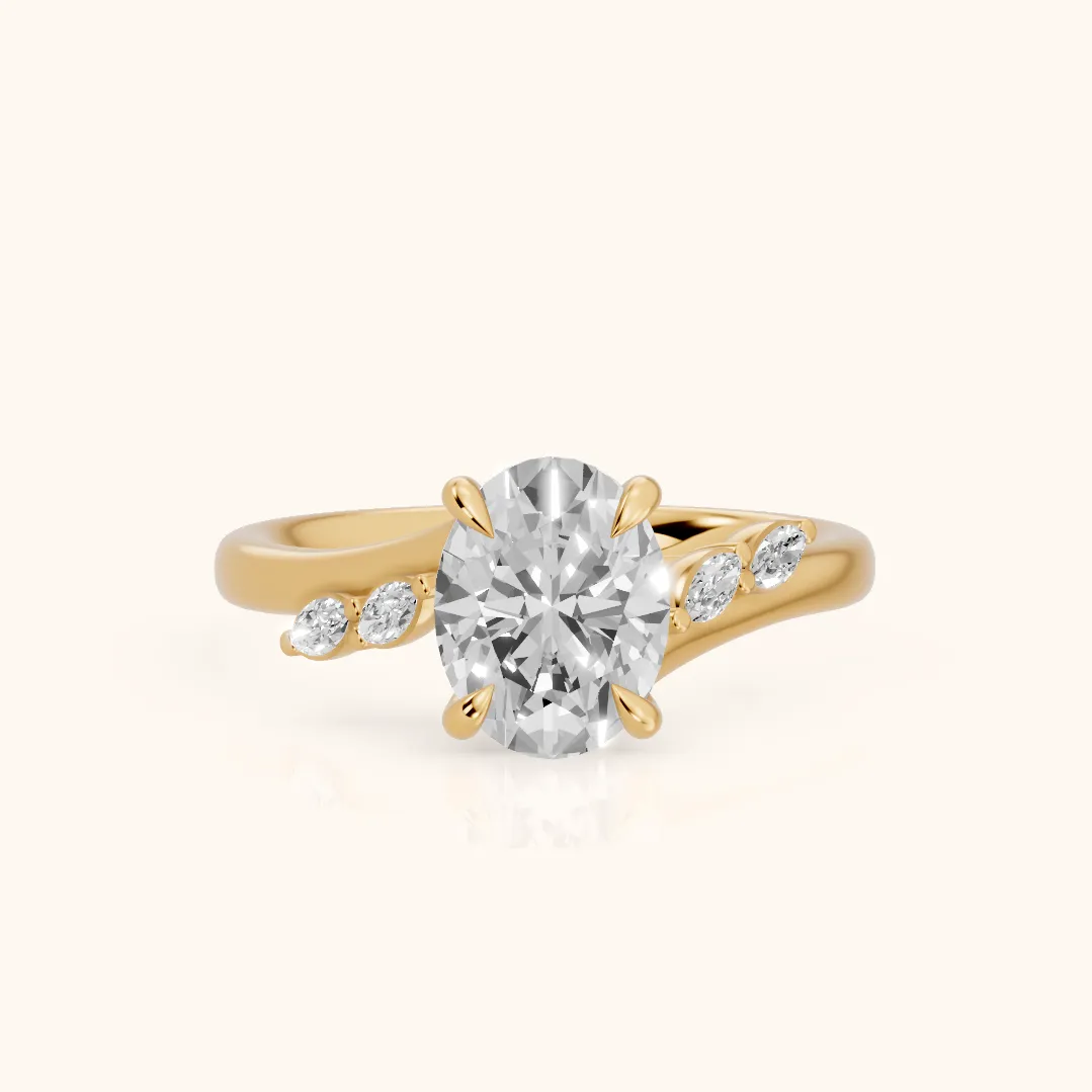 Flora Twist Side Stone Oval Diamond Engagement Ring in Yellow Gold