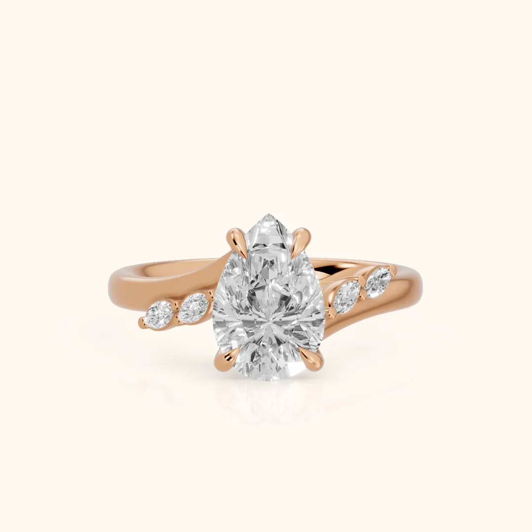 Flora Twist Side Stone Pear Diamond Engagement Ring in Rose Gold