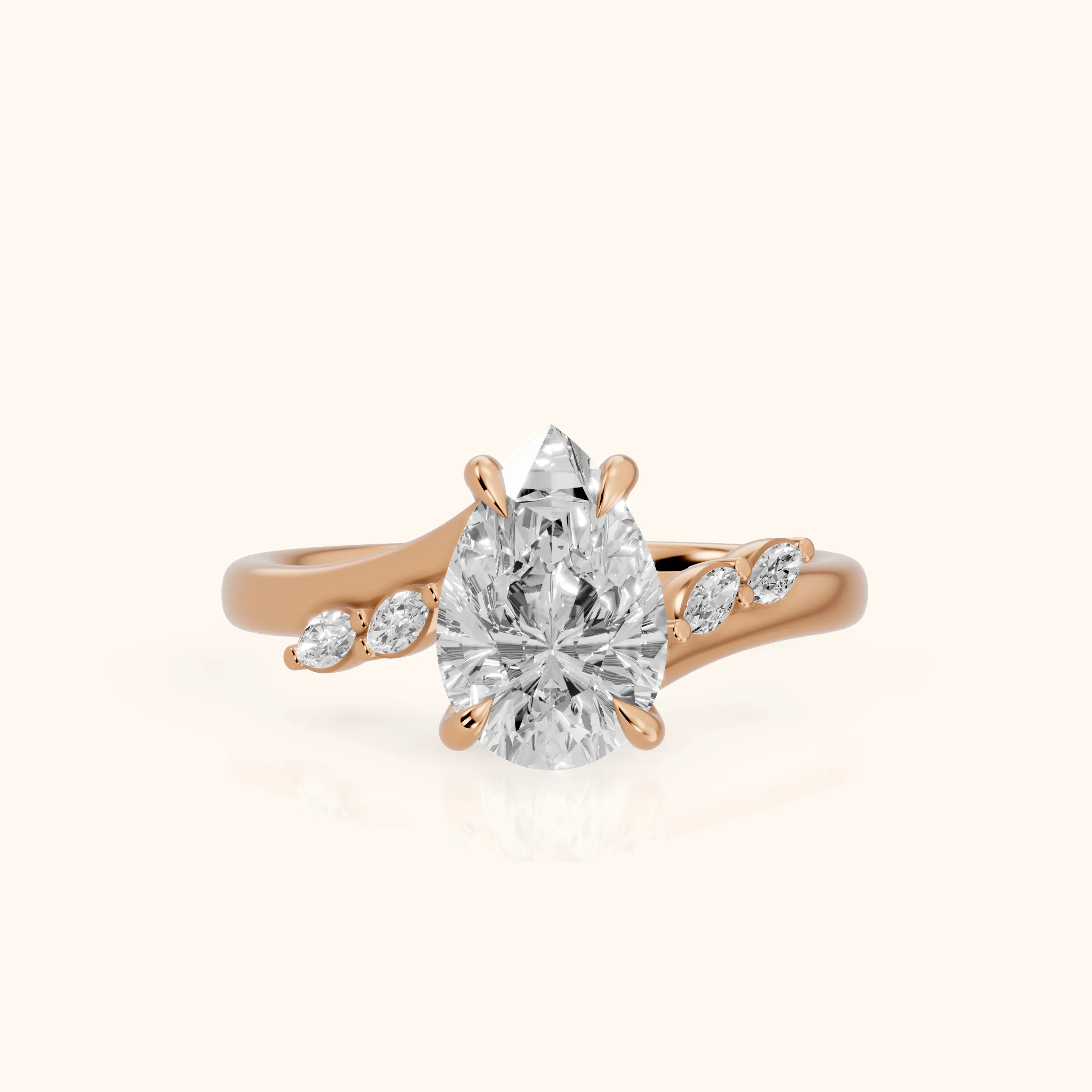 Flora Twist Side Stone Pear Diamond Engagement Ring in Rose Gold — view 1
