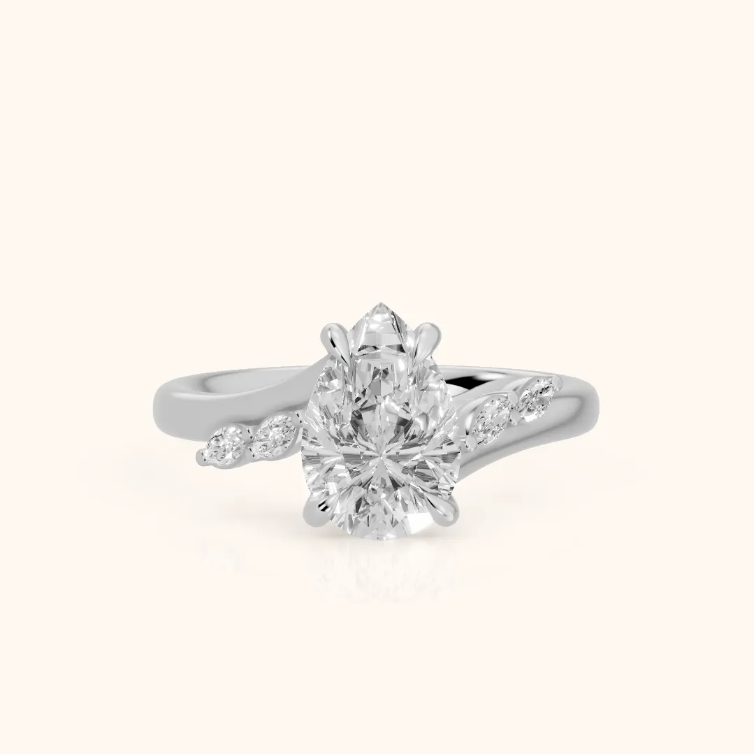Flora Twist Side Stone Pear Diamond Engagement Ring in Platinum