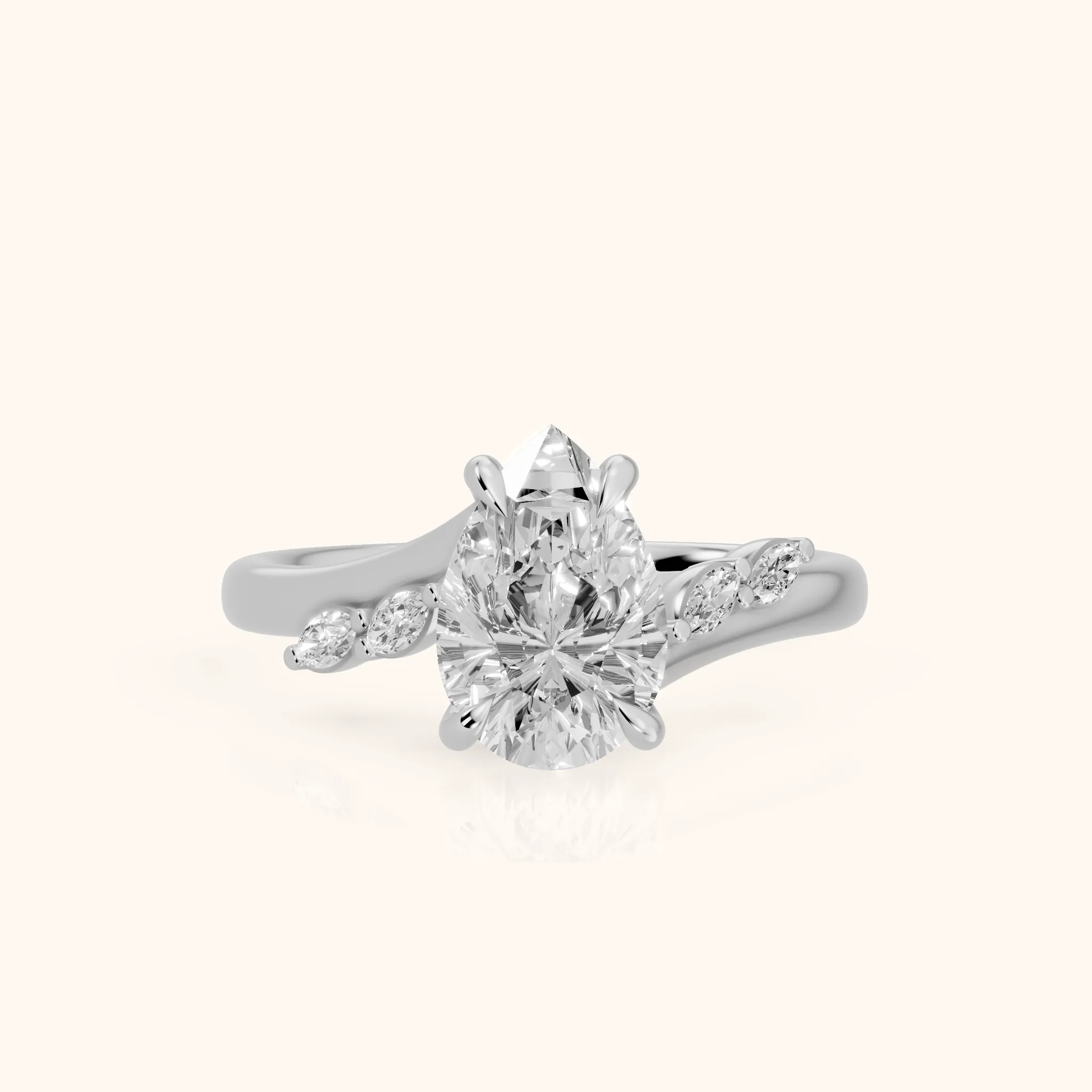 Flora Twist Side Stone Pear Diamond Engagement Ring in Platinum — view 1