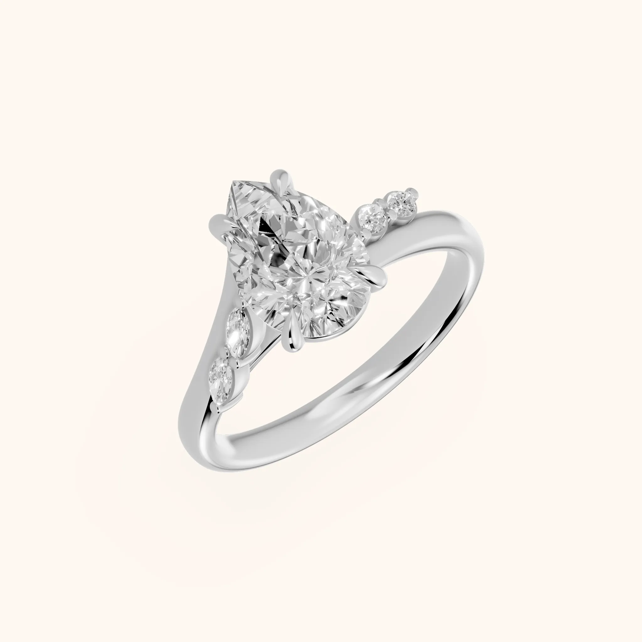 Flora Twist Side Stone Pear Diamond Engagement Ring in Platinum