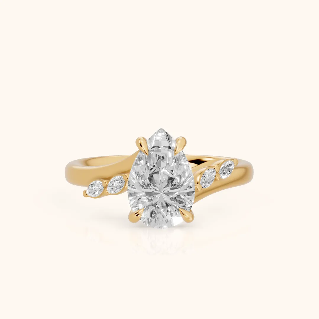 Flora Twist Side Stone Pear Diamond Engagement Ring in Yellow Gold