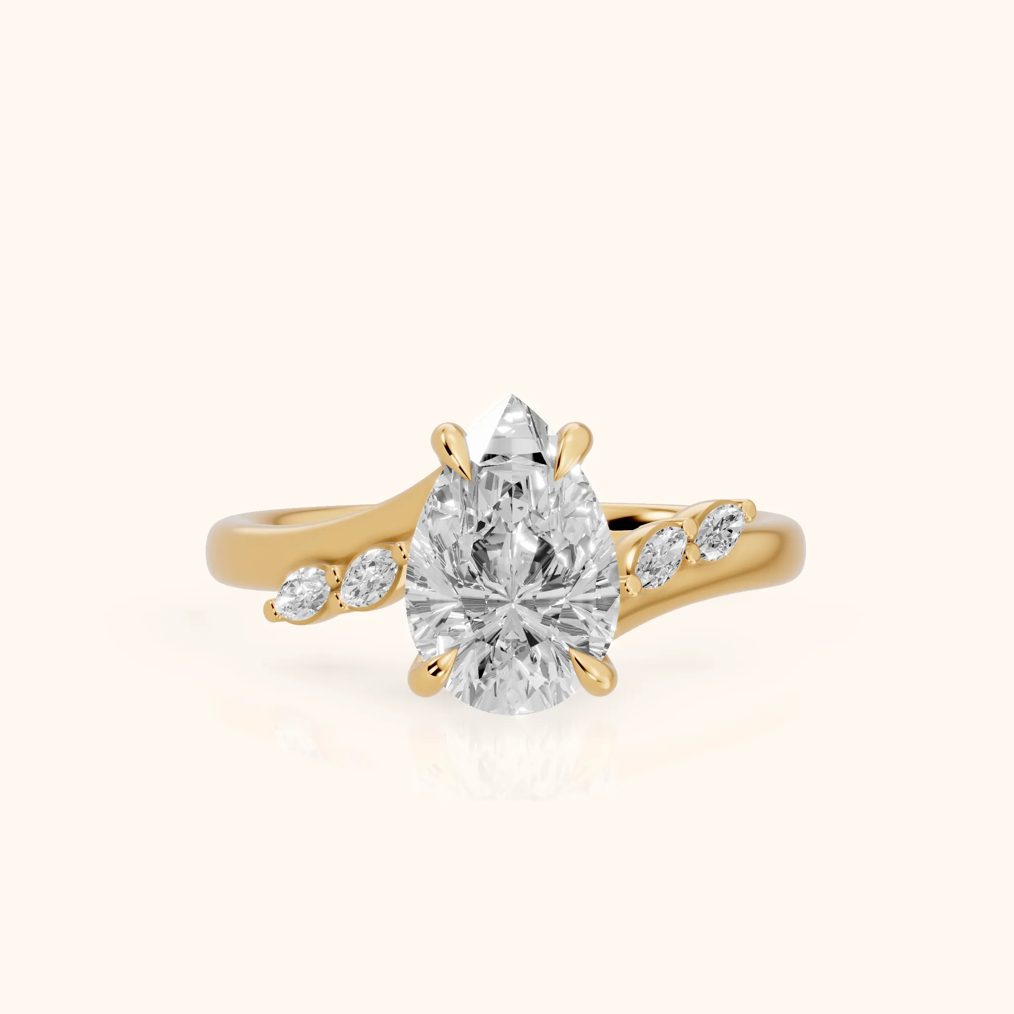 Flora Twist Side Stone Pear Diamond Engagement Ring in Yellow Gold — view 1