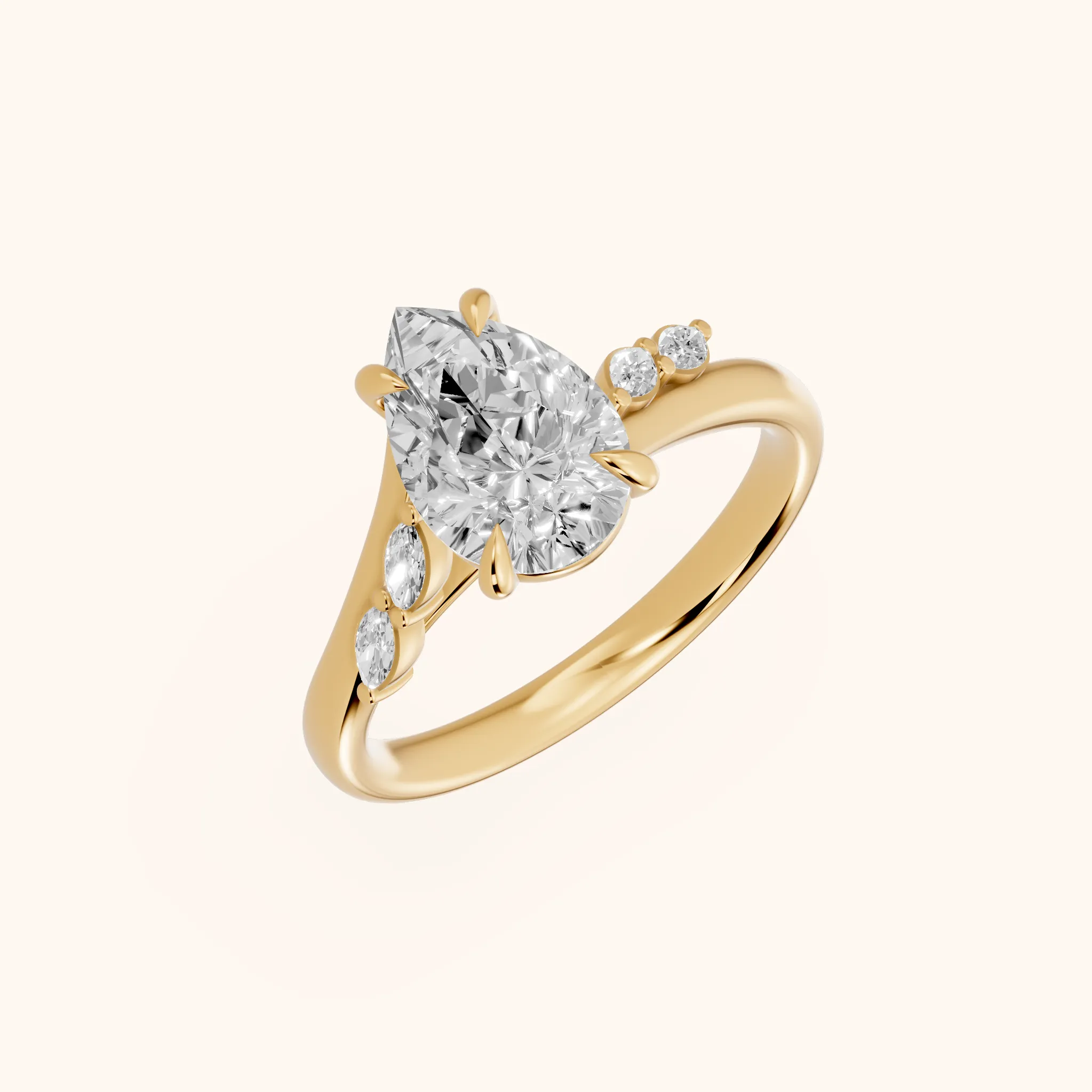 Flora Twist Side Stone Pear Diamond Engagement Ring in Yellow Gold