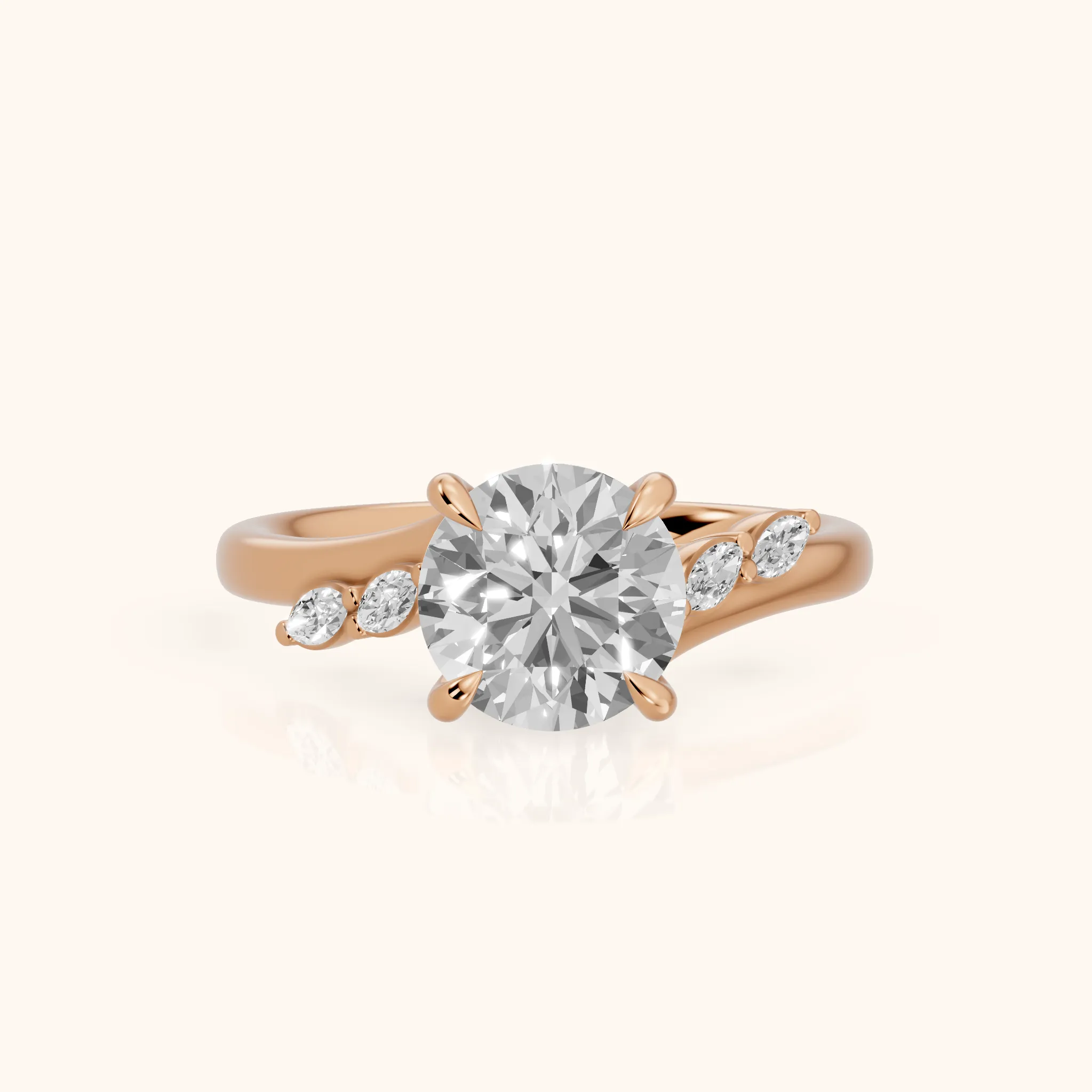 Flora Twist Side Stone Round Diamond Engagement Ring in Rose Gold — view 1