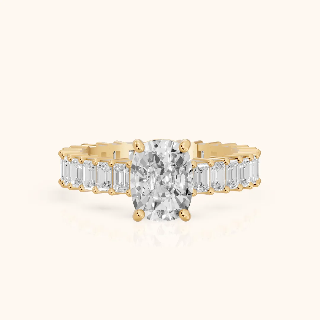 Mallory Shared Prong Cushion Diamond Engagement Ring in Yellow Gold — view 2