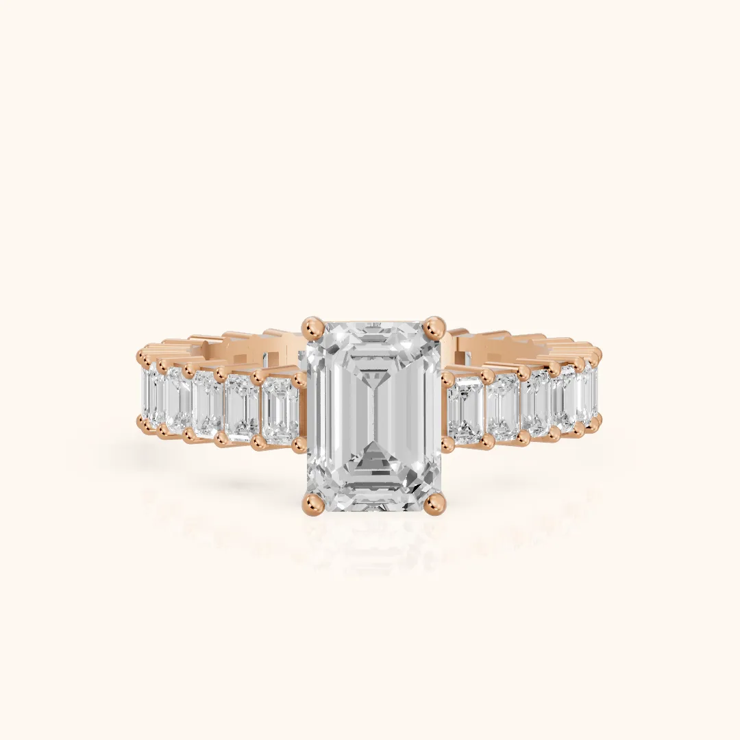 Mallory Shared Prong Emerald Diamond Engagement Ring in Rose Gold — view 2