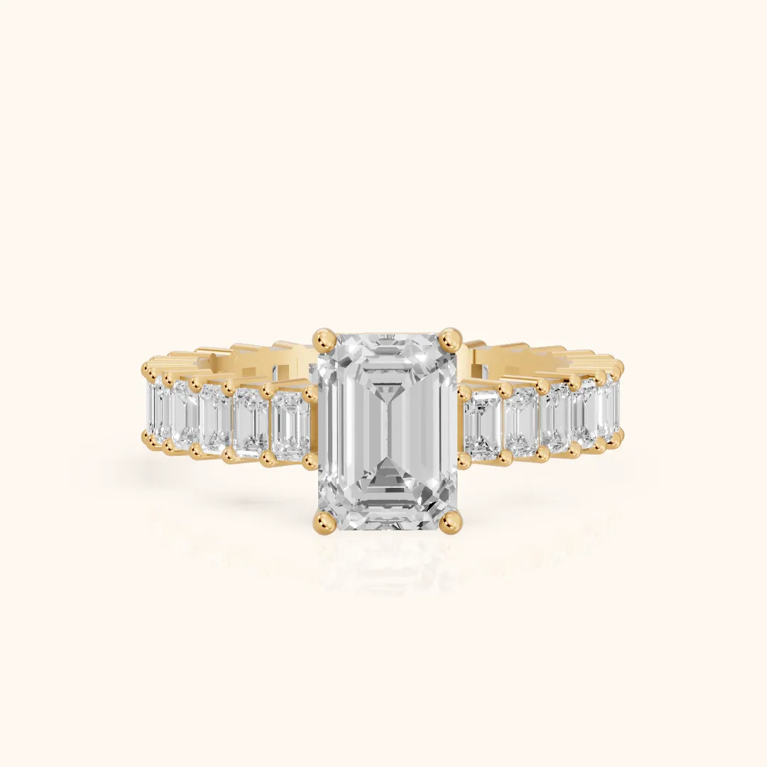 Mallory Shared Prong Emerald Diamond Engagement Ring in Yellow Gold — view 2