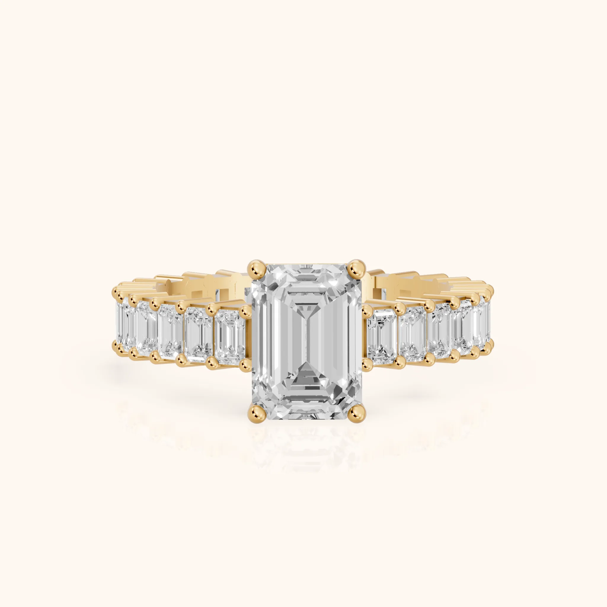Mallory Shared Prong Emerald Diamond Engagement Ring in Yellow Gold — view 1