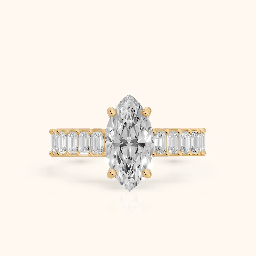 Mallory Shared Prong Marquise Diamond Engagement Ring in Yellow Gold — view 2