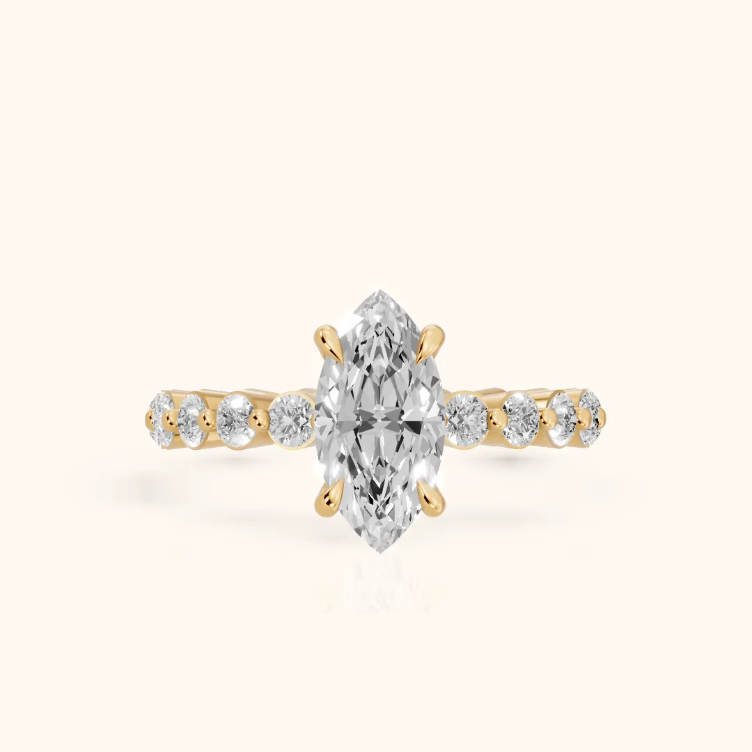 Piper Sidestone Marquise Diamond Engagement Ring in Yellow Gold — view 2