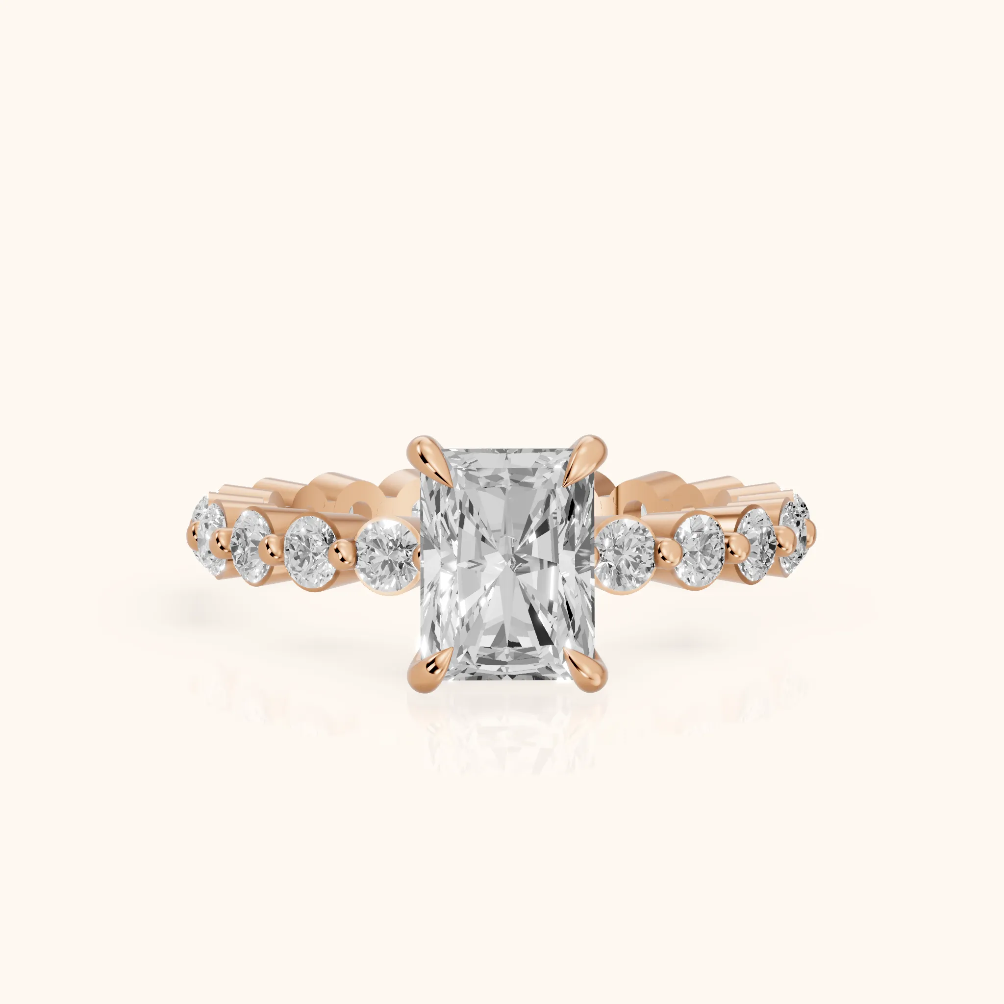 Piper Sidestone Radiant Diamond Engagement Ring in Rose Gold — view 1