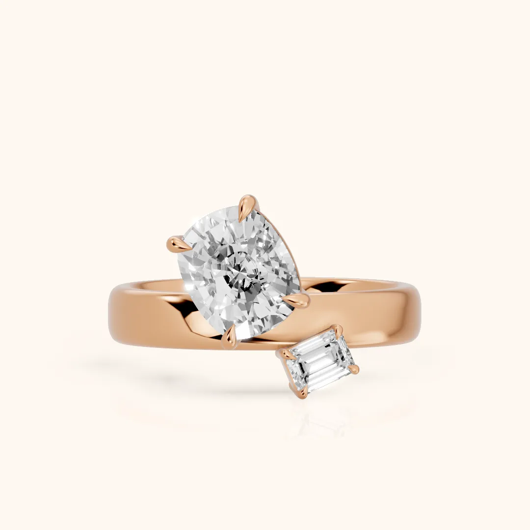 Sabrina Two-Stone Cushion & Emerald Diamond Engagement Ring in Rose Gold — view 2