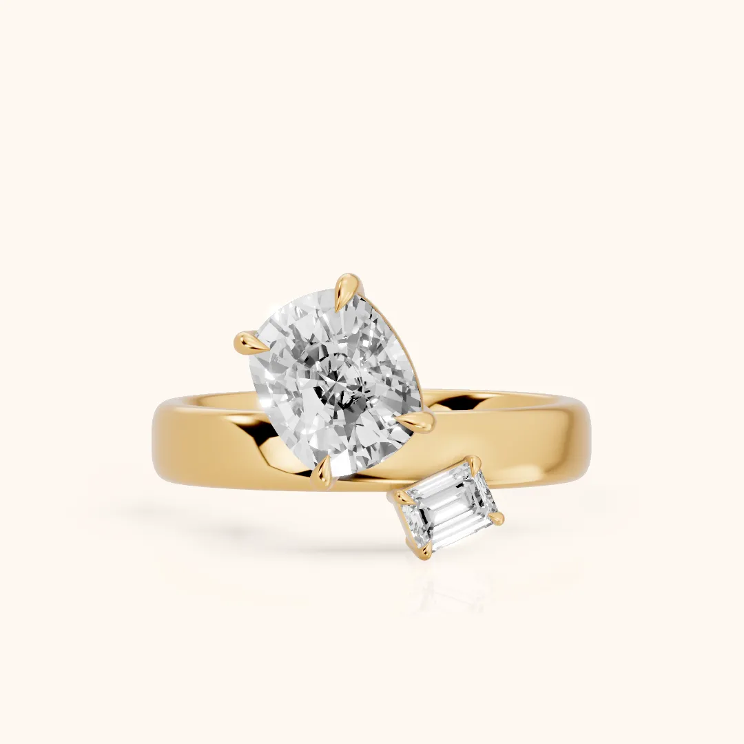 Sabrina Two-Stone Cushion & Emerald Diamond Engagement Ring in Yellow Gold — view 2